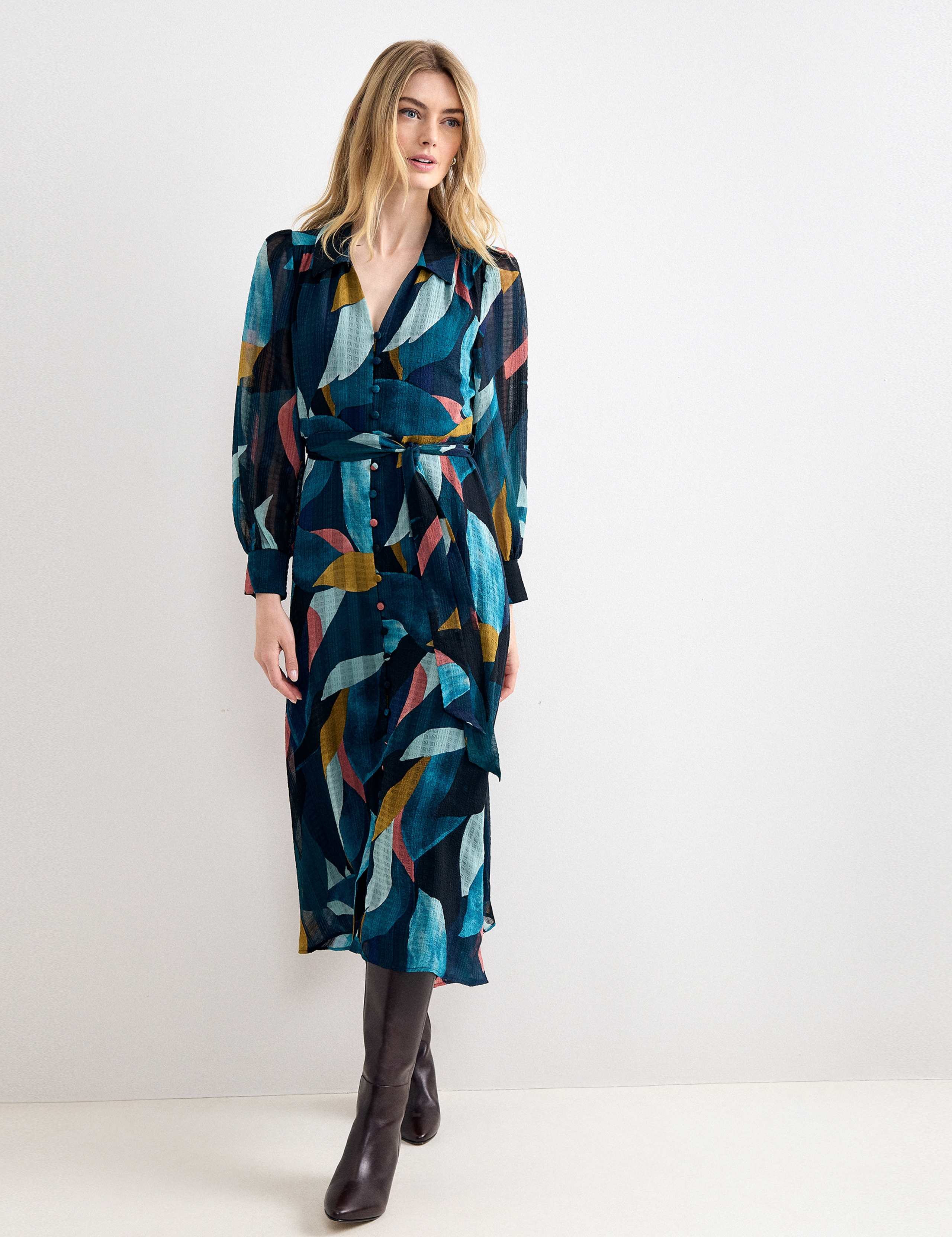 Petal Print Belted Midi Shirt Dress 4 of 7