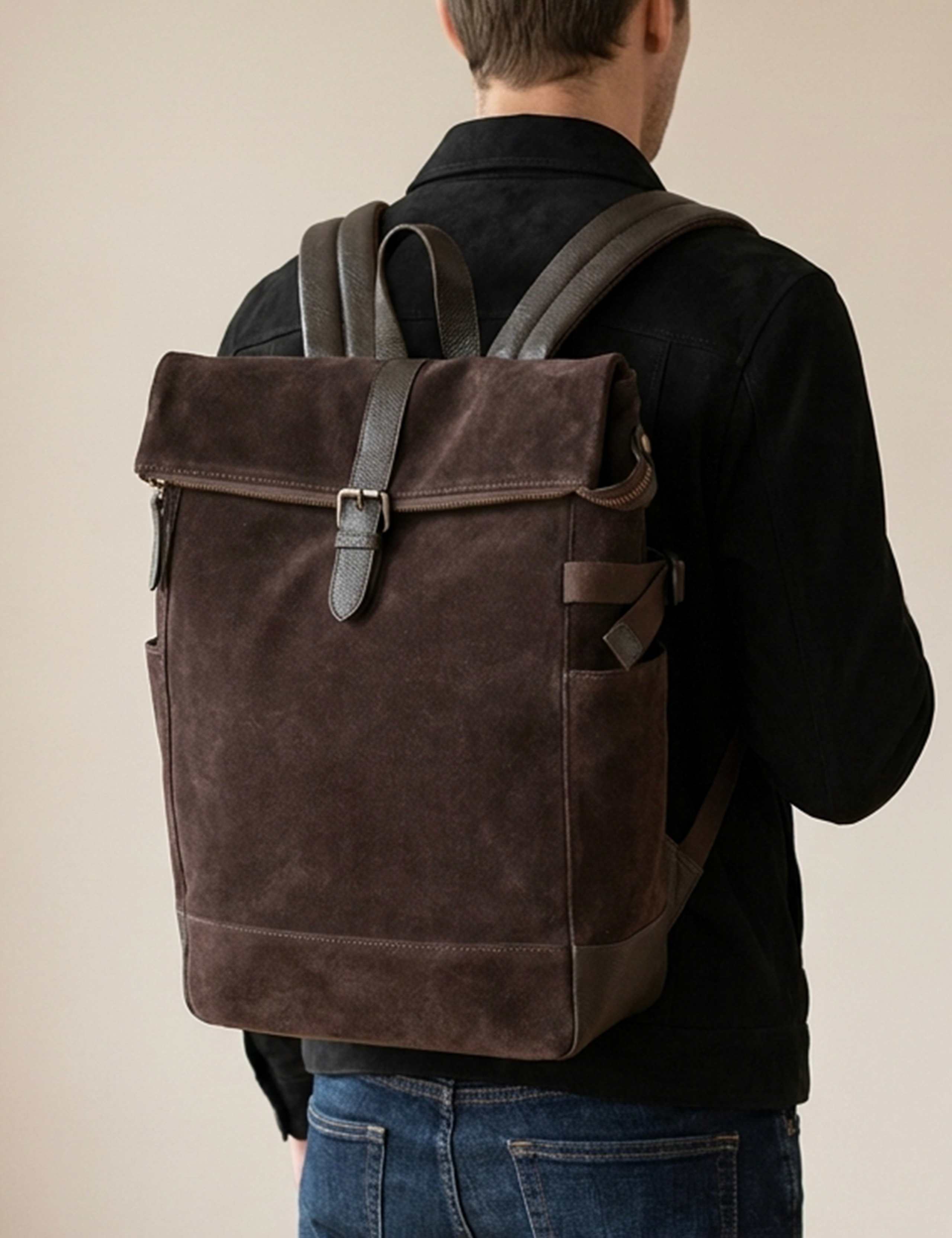Suede and Leather Foldover Top Backpack 1 of 4