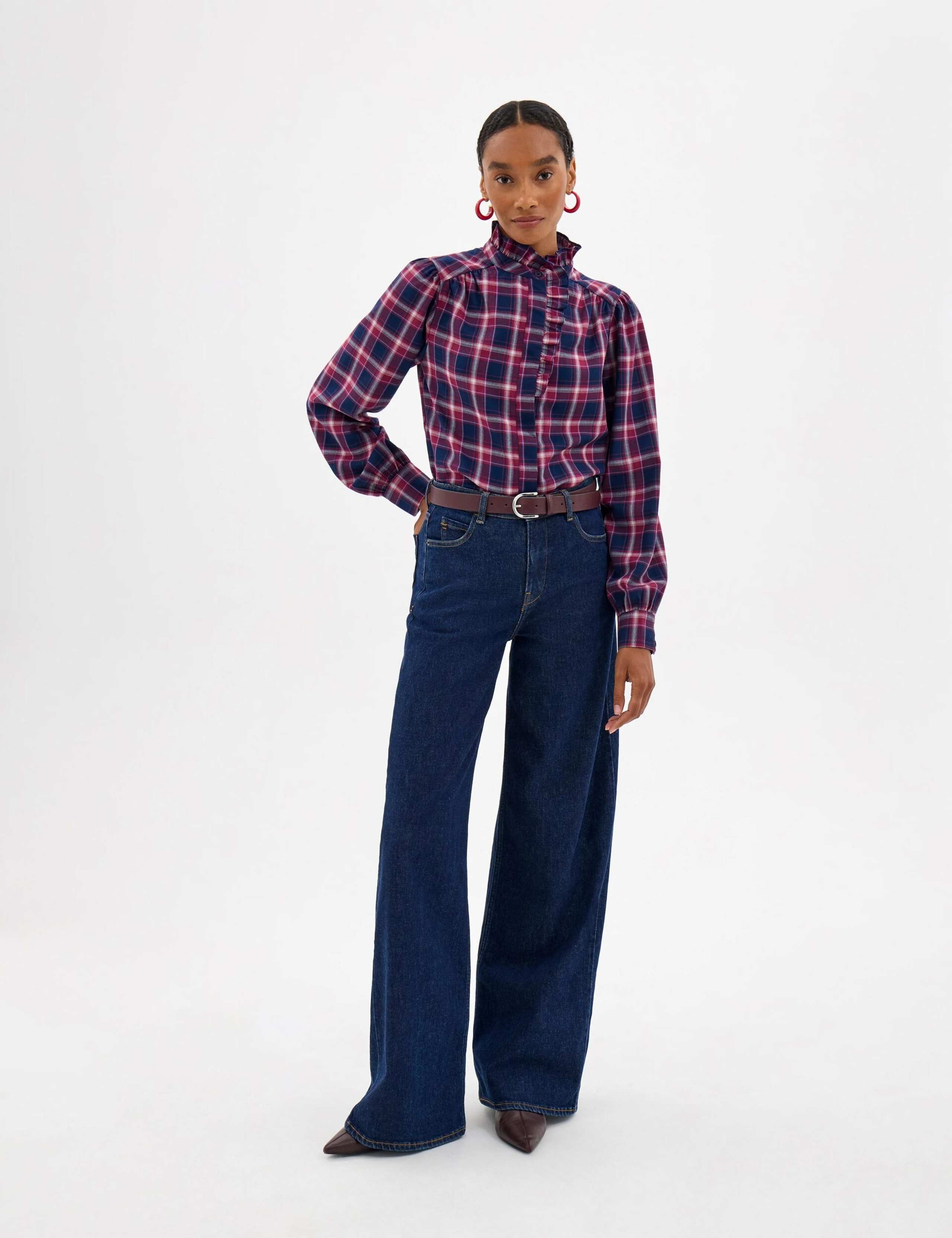 Checked Ruffle Neck Concealed Placket Shirt 2 of 4