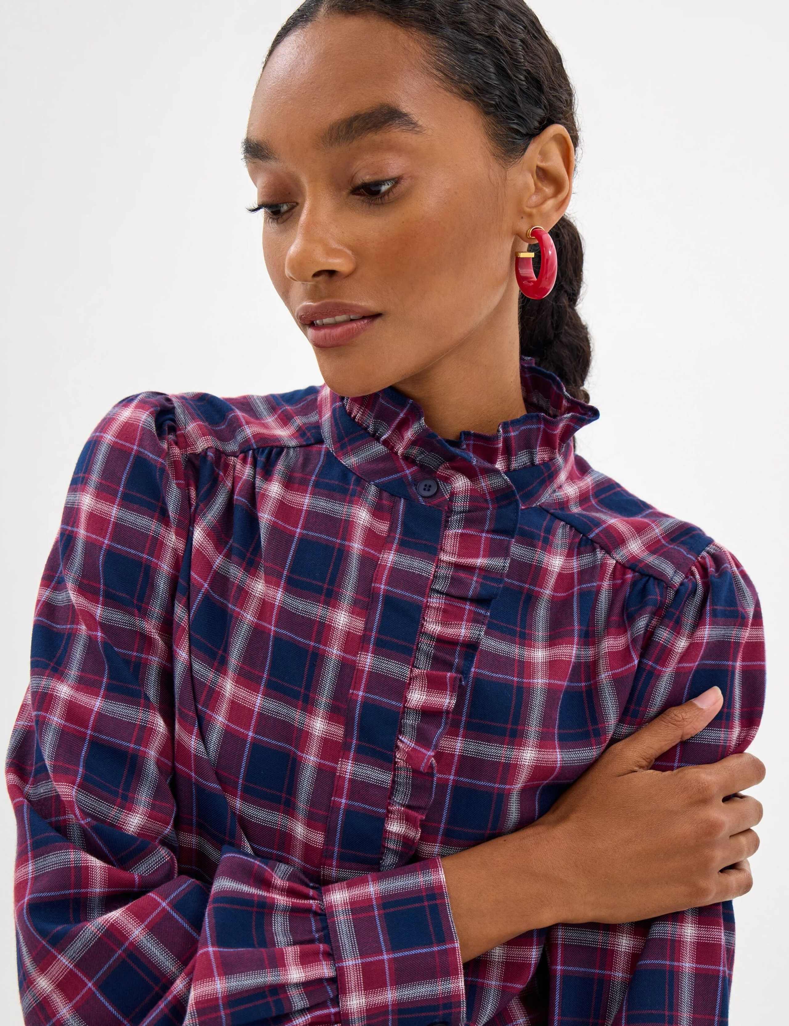 Checked Ruffle Neck Concealed Placket Shirt 4 of 4
