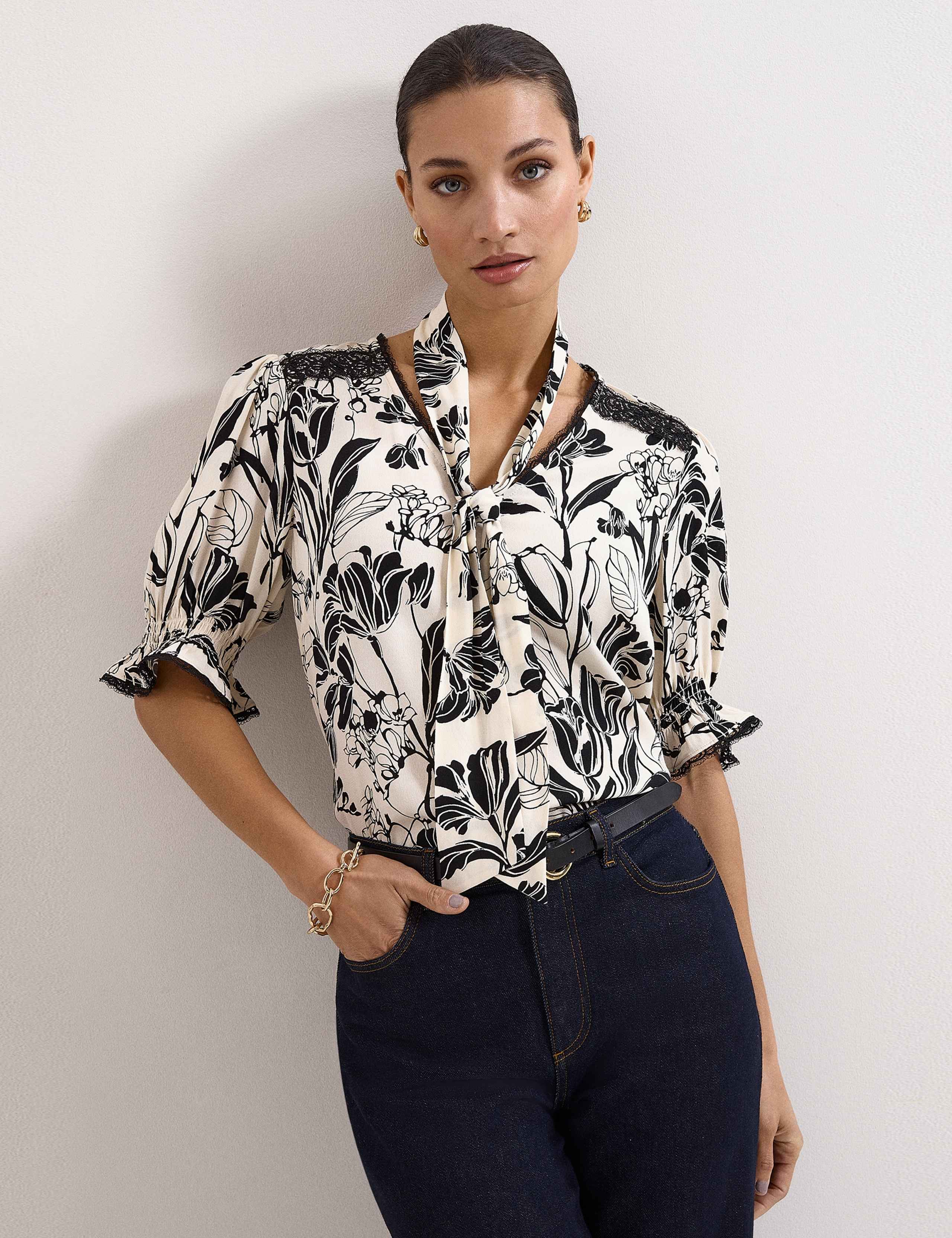 Floral Tie Neck Puff Sleeve Blouse 1 of 6