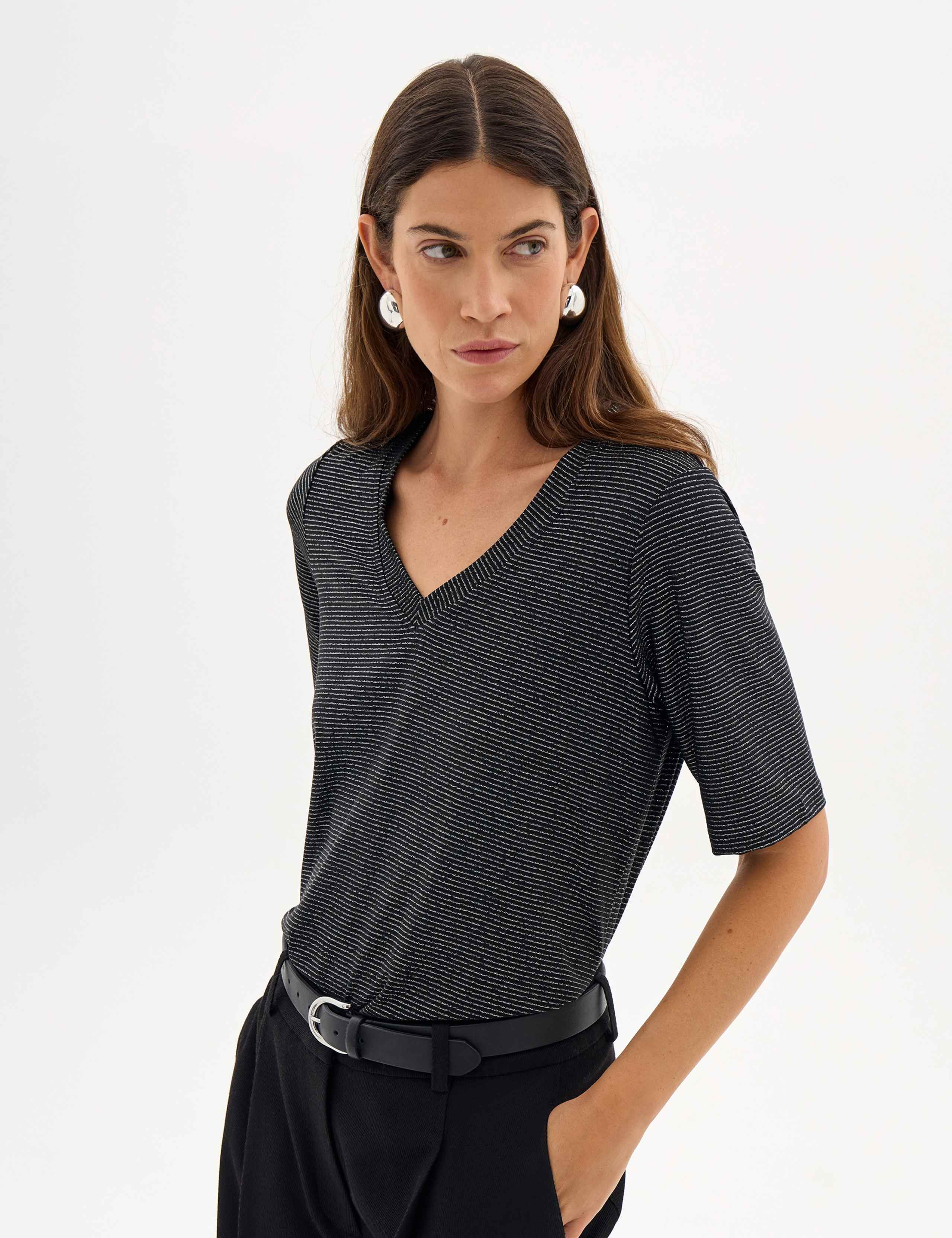 Lurex Striped V Neck T-Shirt 1 of 5