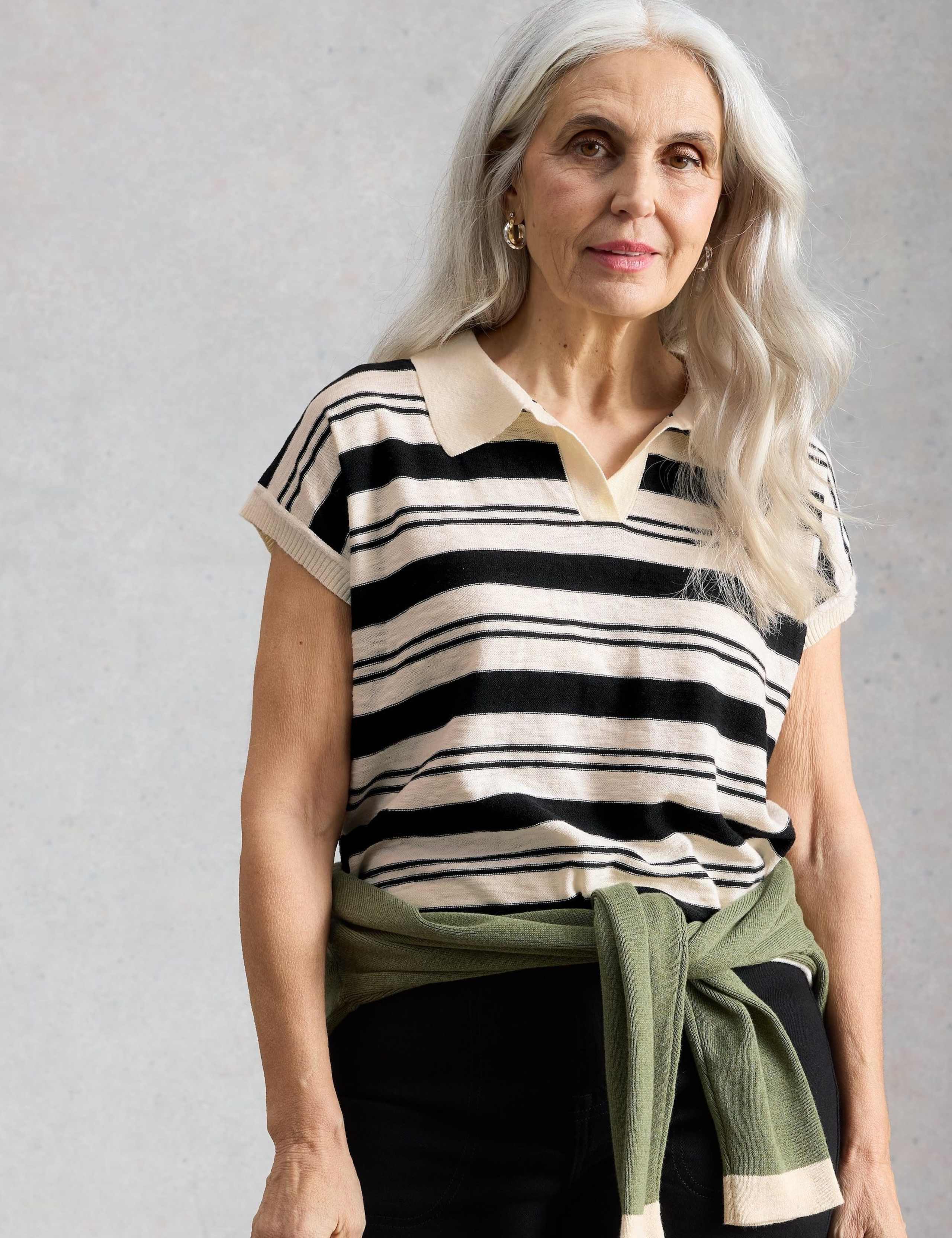 Cotton Rich Striped Polo Shirt with Linen 1 of 6