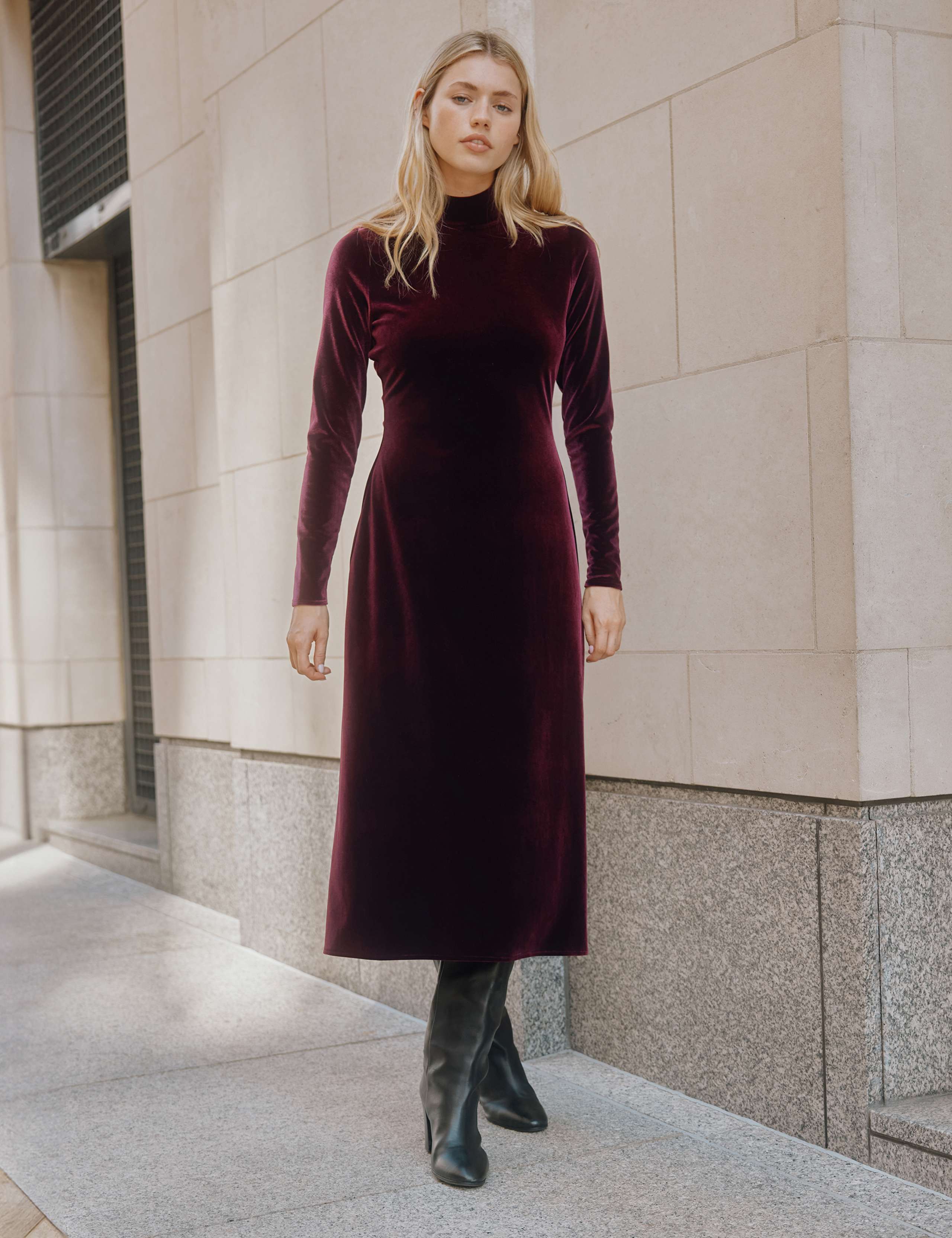Velvet Funnel Neck Midi Bodycon Dress 4 of 5