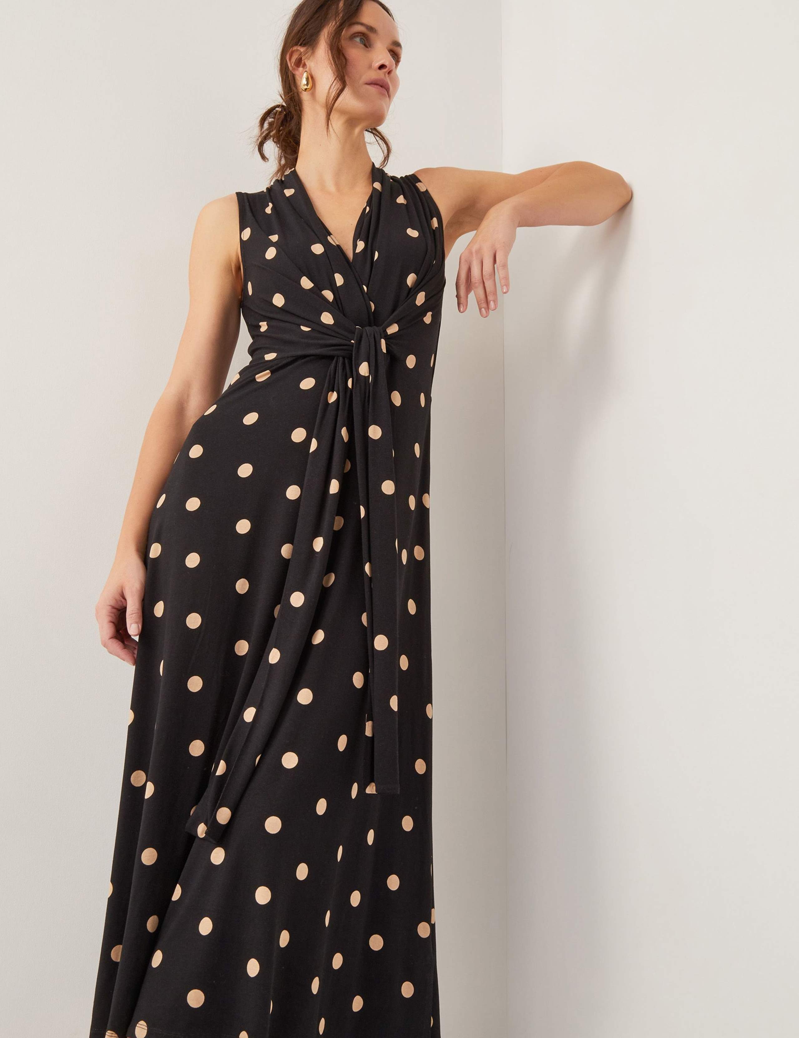 Polka Dot V-Neck Tie Front Midi Skater Dress 3 of 5