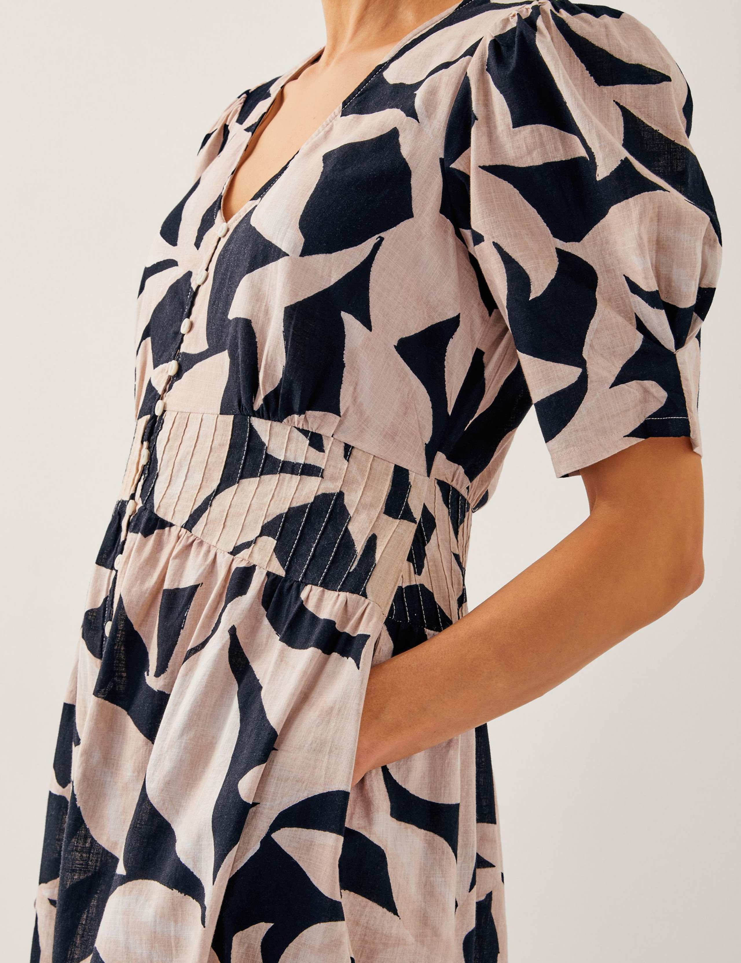Pure Cotton Printed V-Neck Midi Waisted Dress 2 of 4