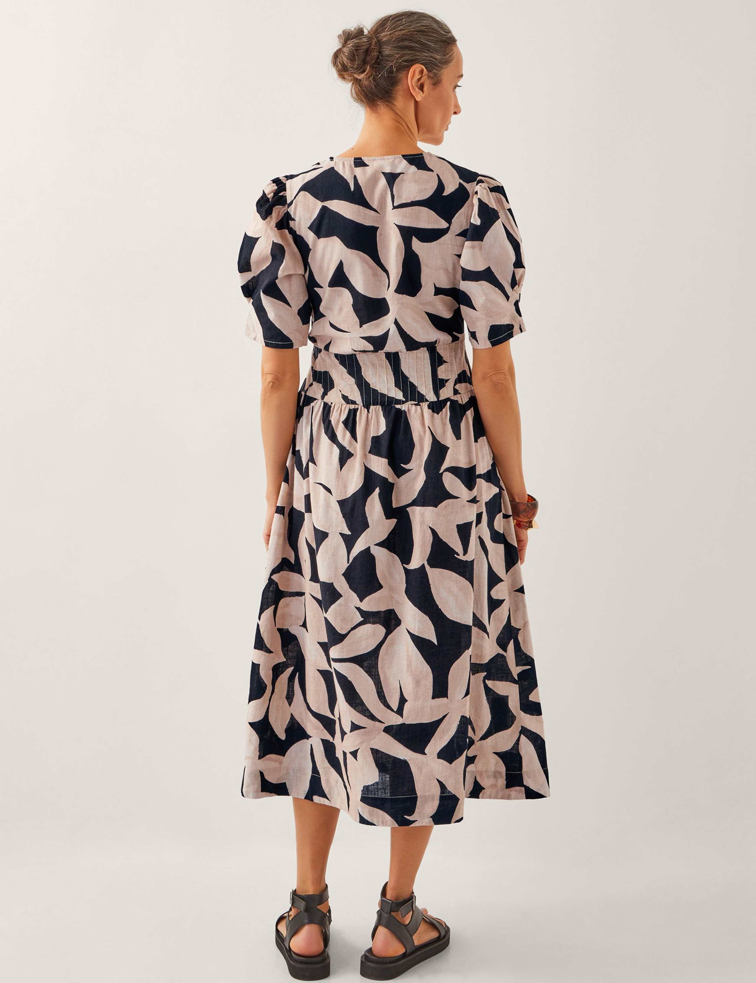 Pure Cotton Printed V-Neck Midi Waisted Dress 3 of 4