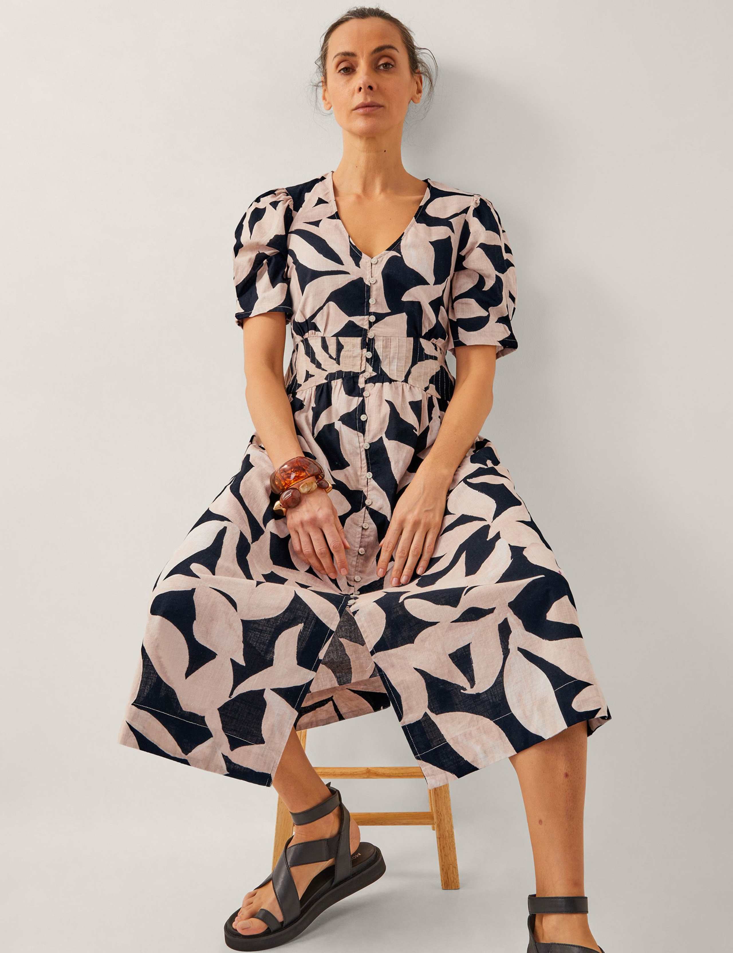 Pure Cotton Printed V-Neck Midi Waisted Dress 4 of 4