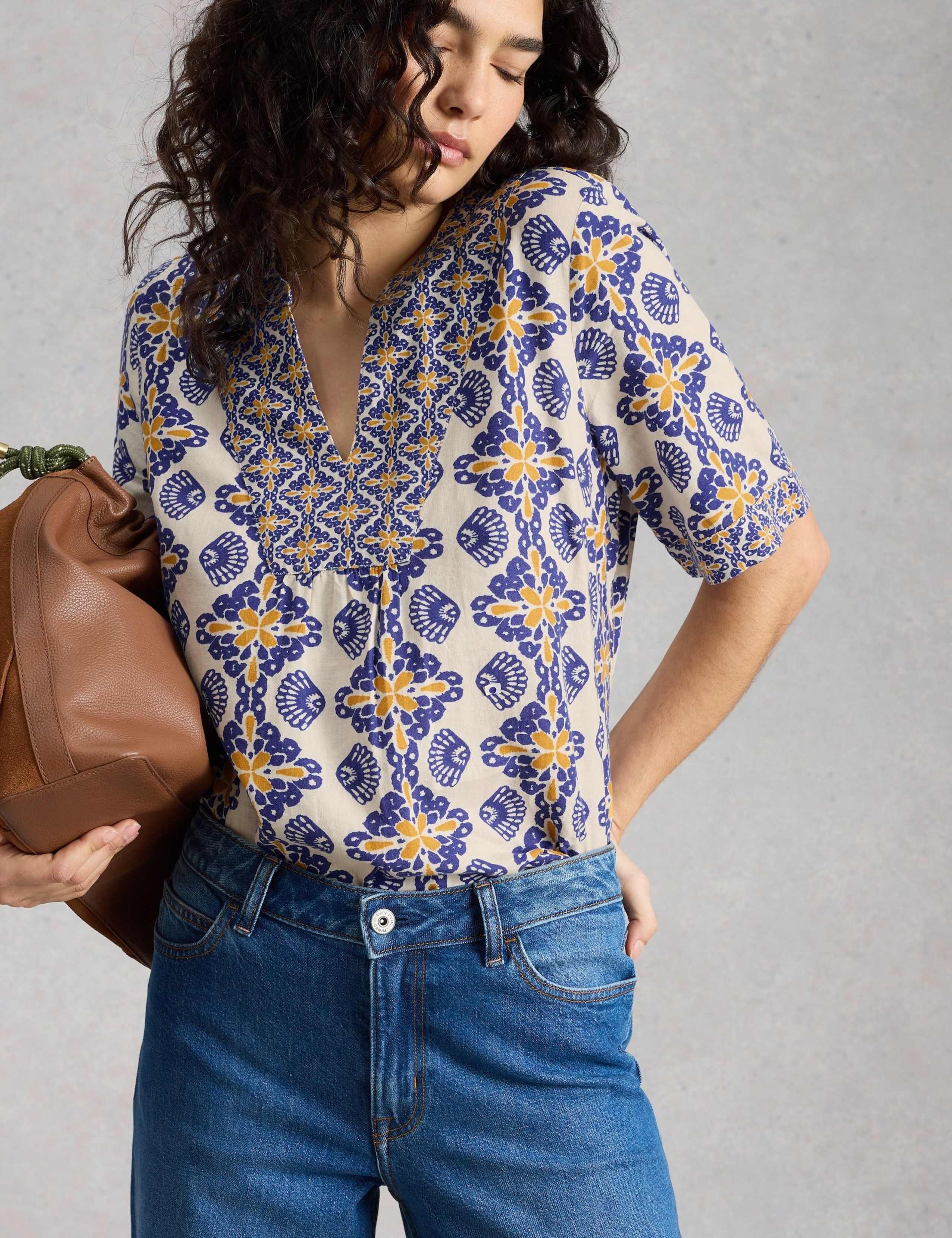 Linen Rich Printed Notch Neck Top 1 of 6