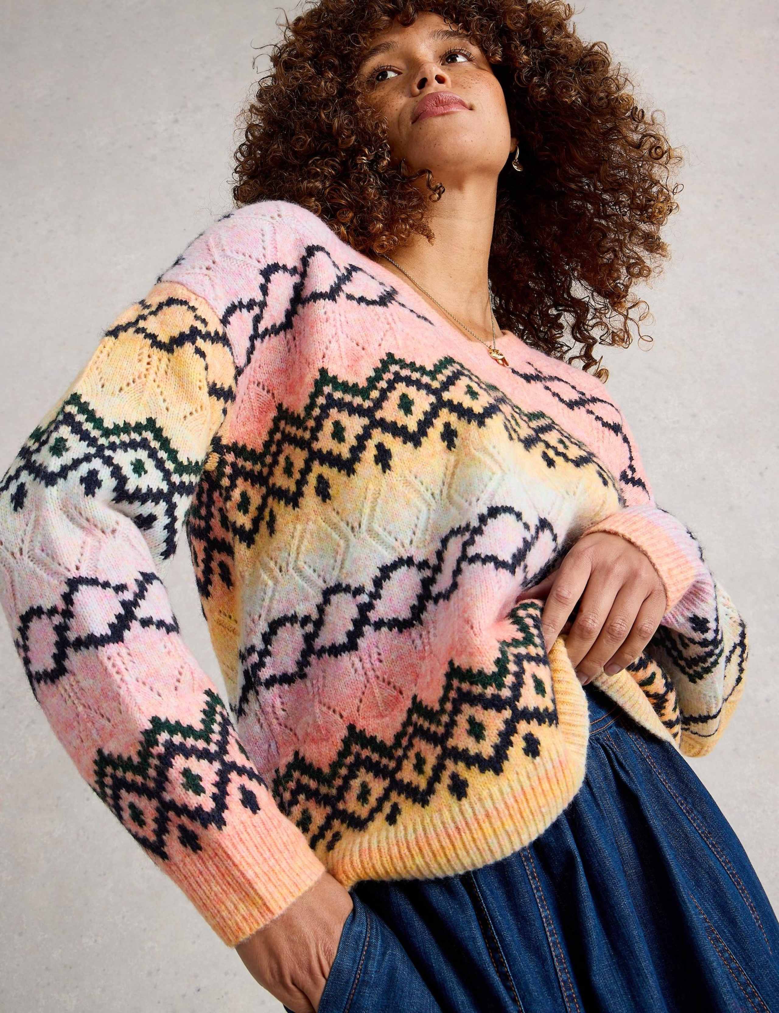 Fair Isle Pointelle V-Neck Jumper with Wool 3 of 6