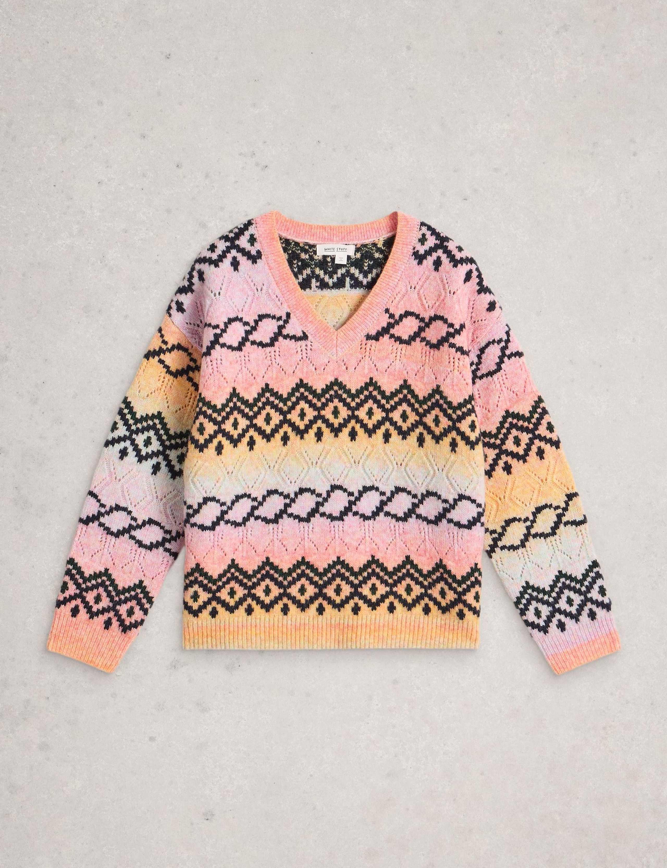 Fair Isle Pointelle V-Neck Jumper with Wool 2 of 6