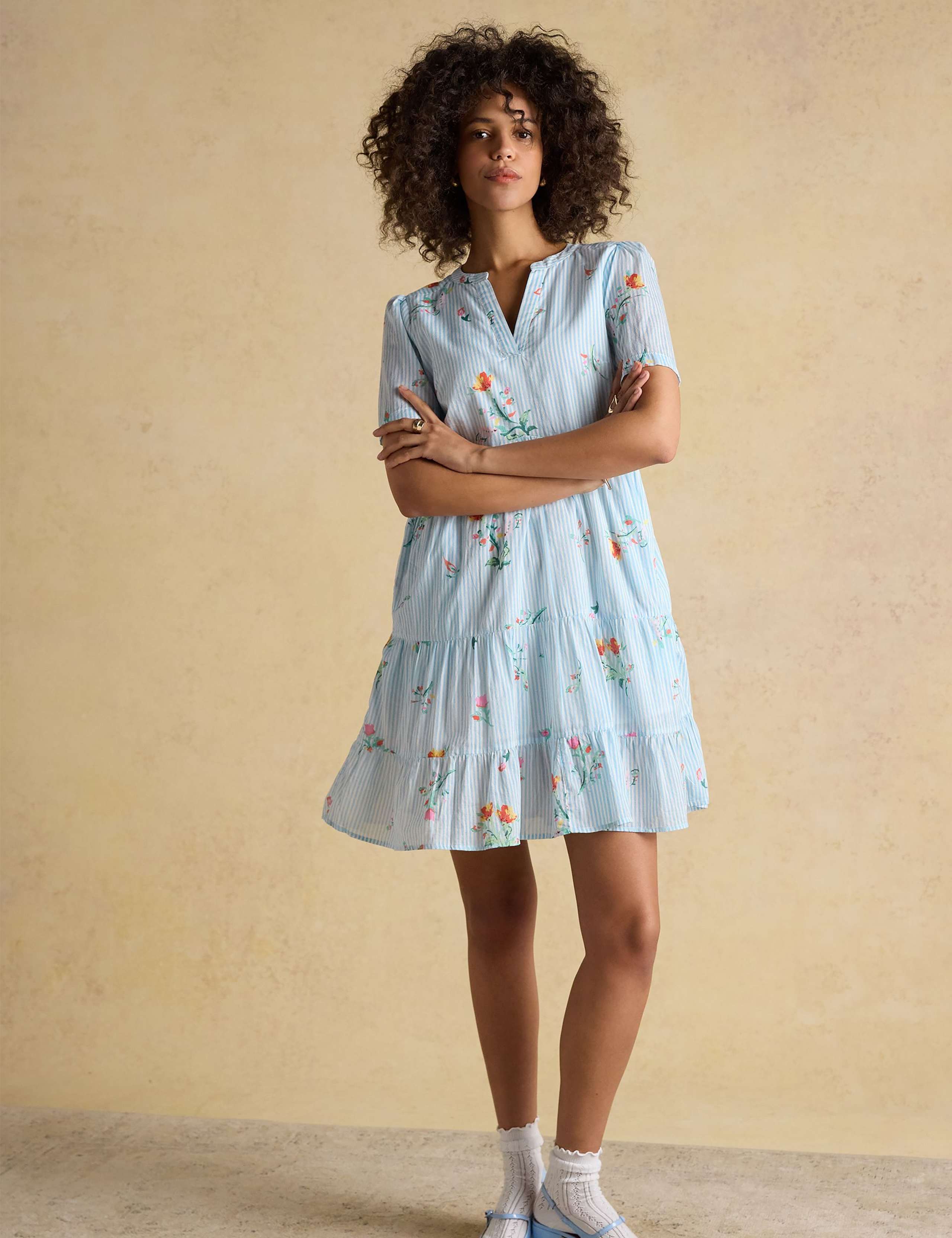 Pure Cotton Striped Floral V-Neck Mini Dress 3 of 7