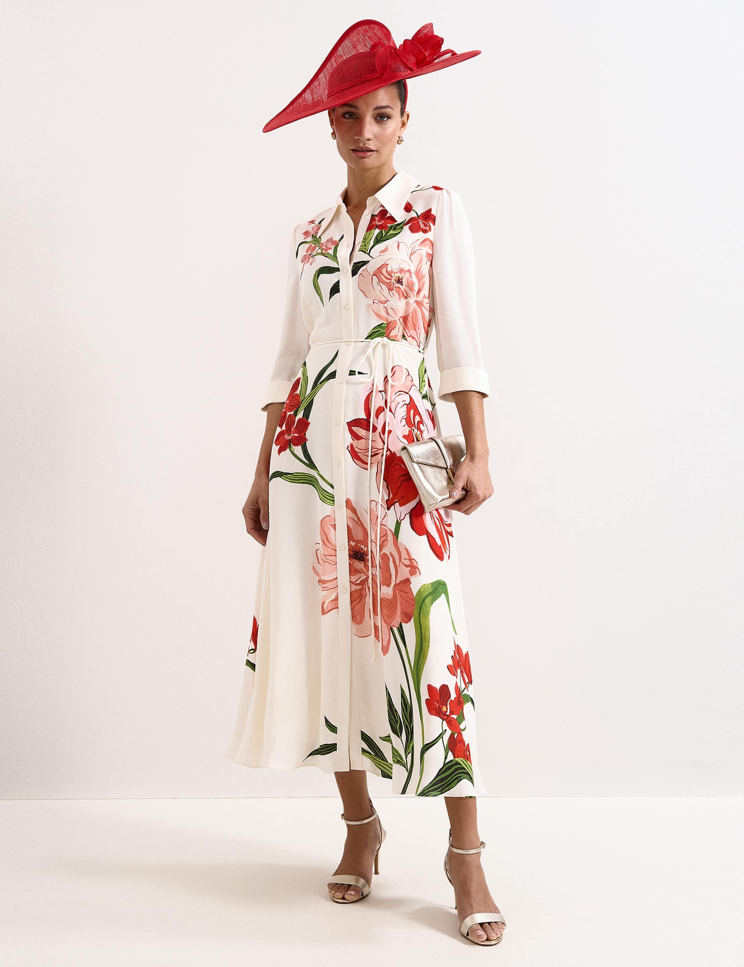 Floral 3/4 Sleeve Midi Shirt Dress 1 of 7