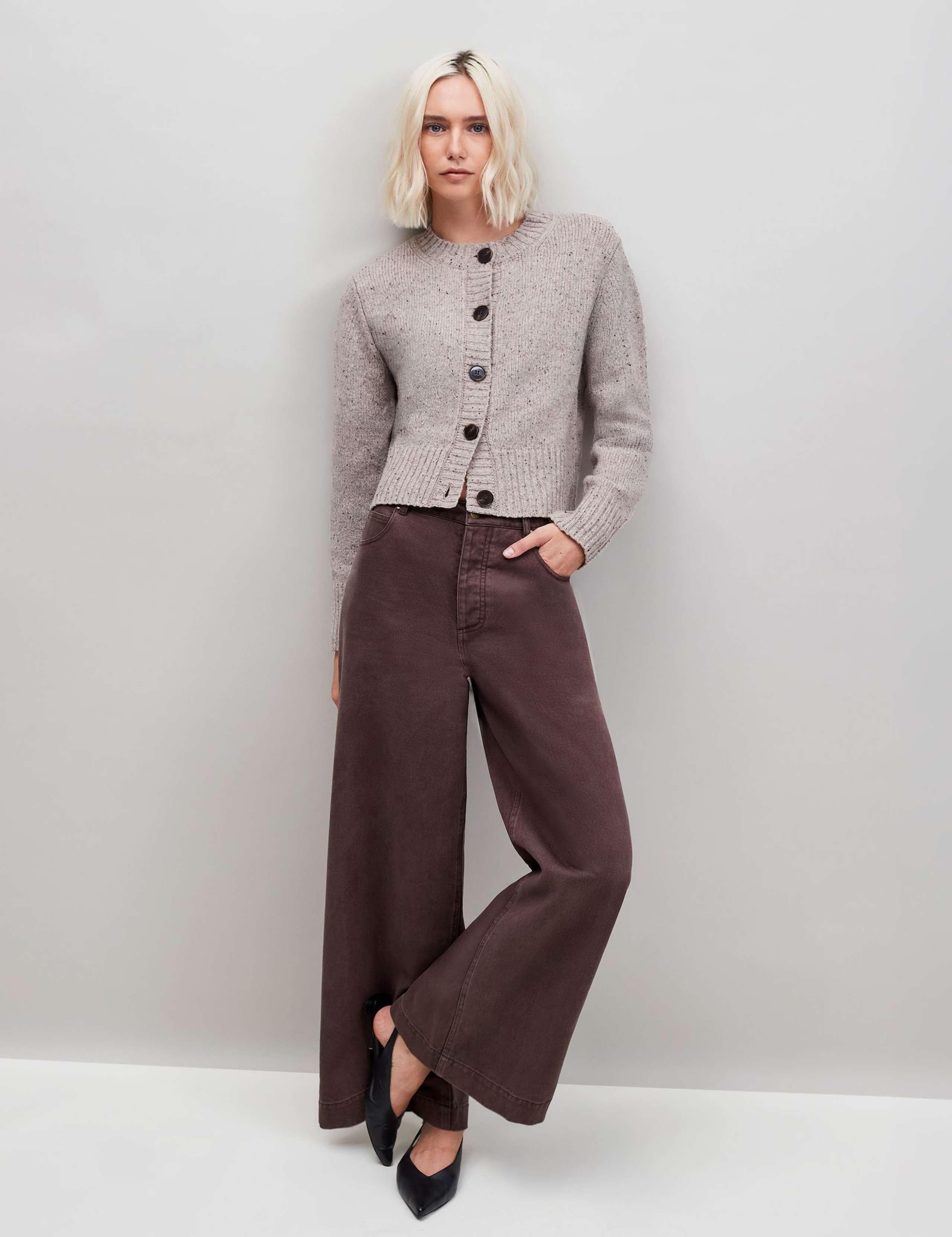 Wool Rich Textured Crew Neck Button Front Cardigan 2 of 3
