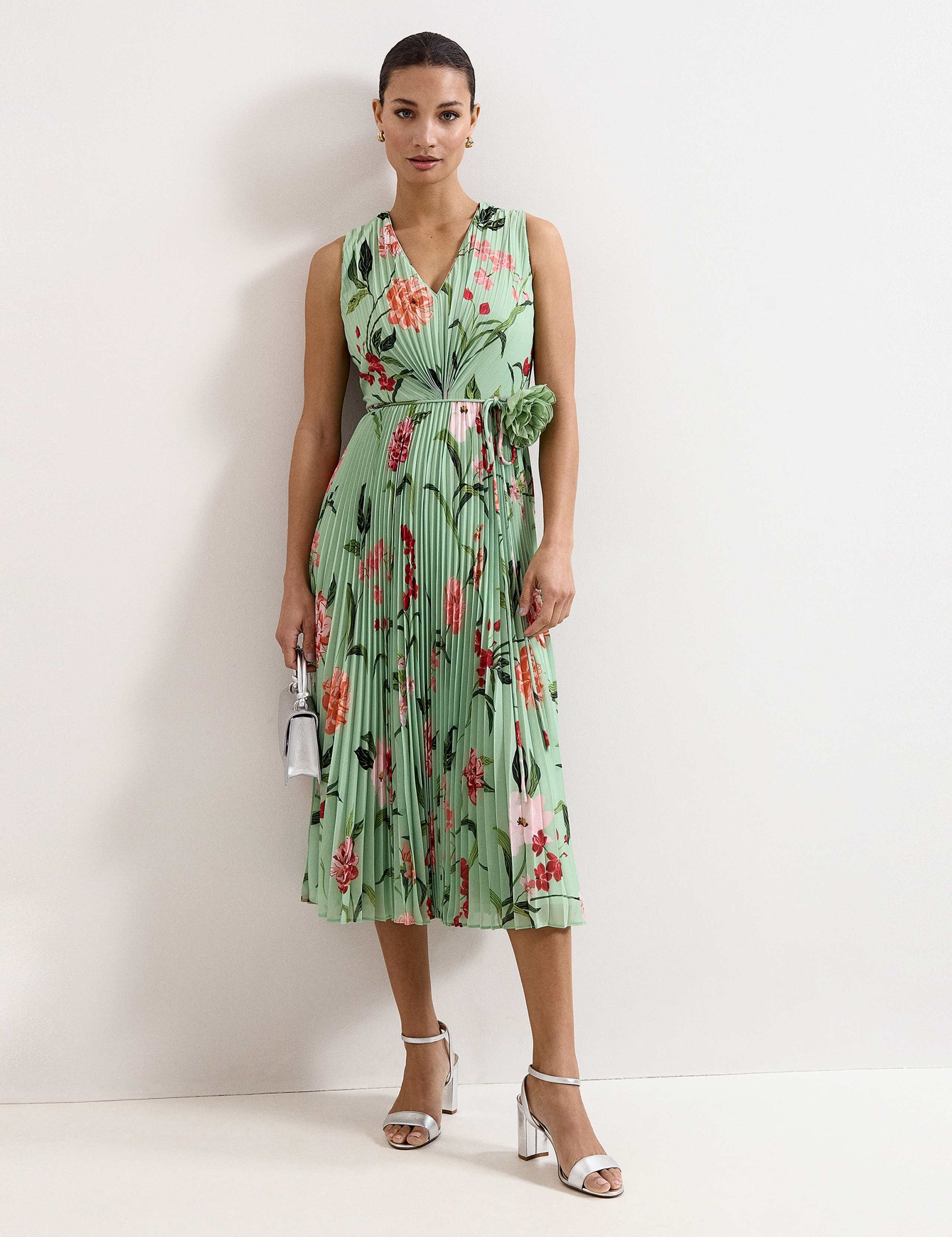 Floral Pleated V-Neck Midi Skater Dress 1 of 7
