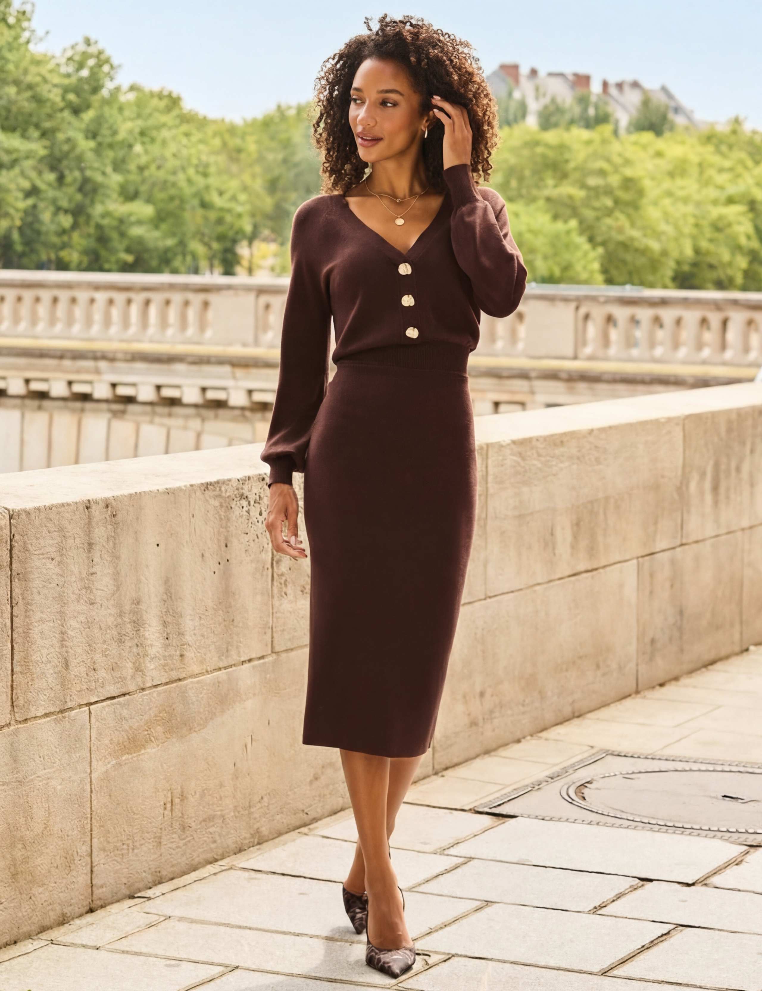 Knitted Blouson Sleeve Midi Dress 3 of 5