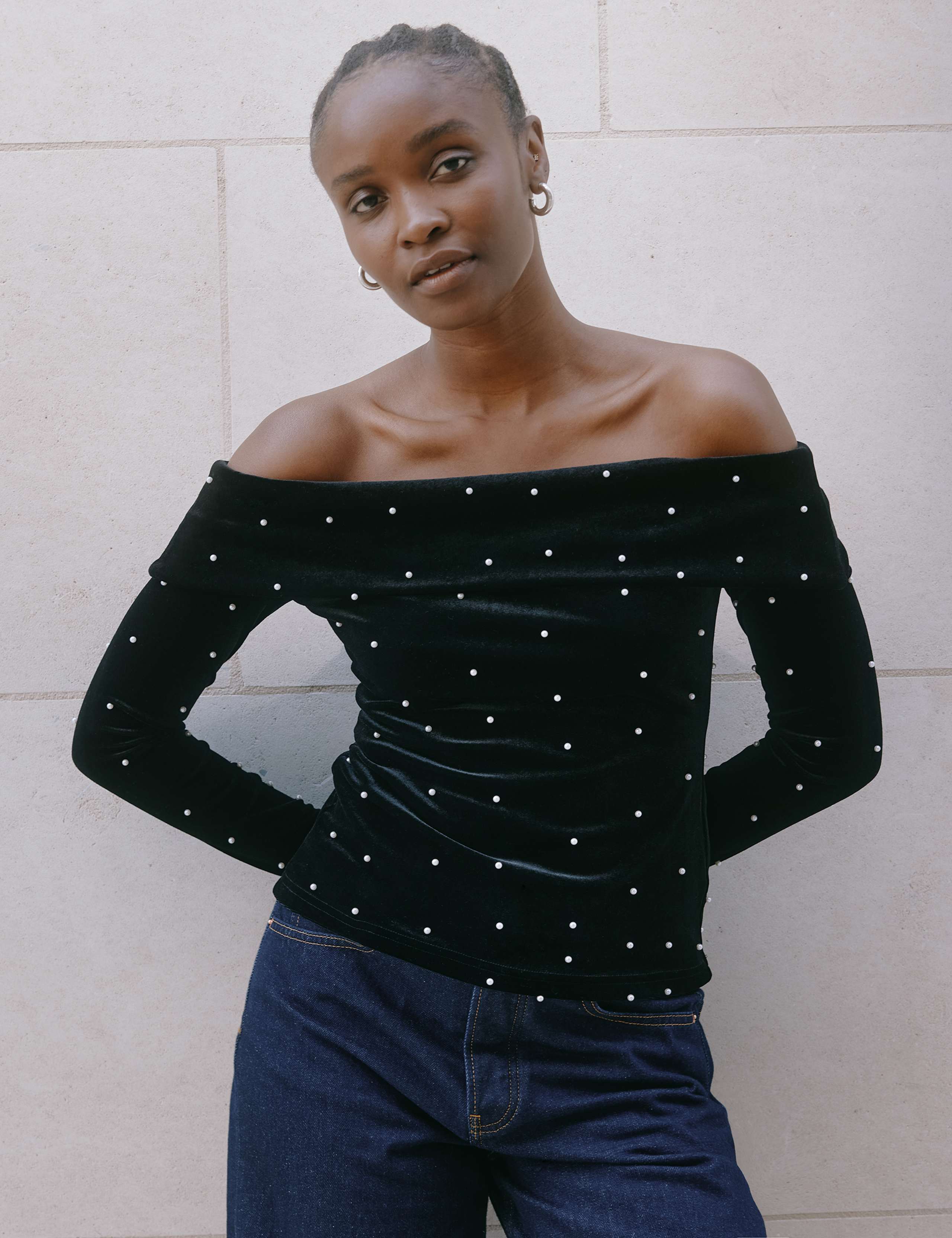 Velvet Embellished Bardot Top 1 of 4