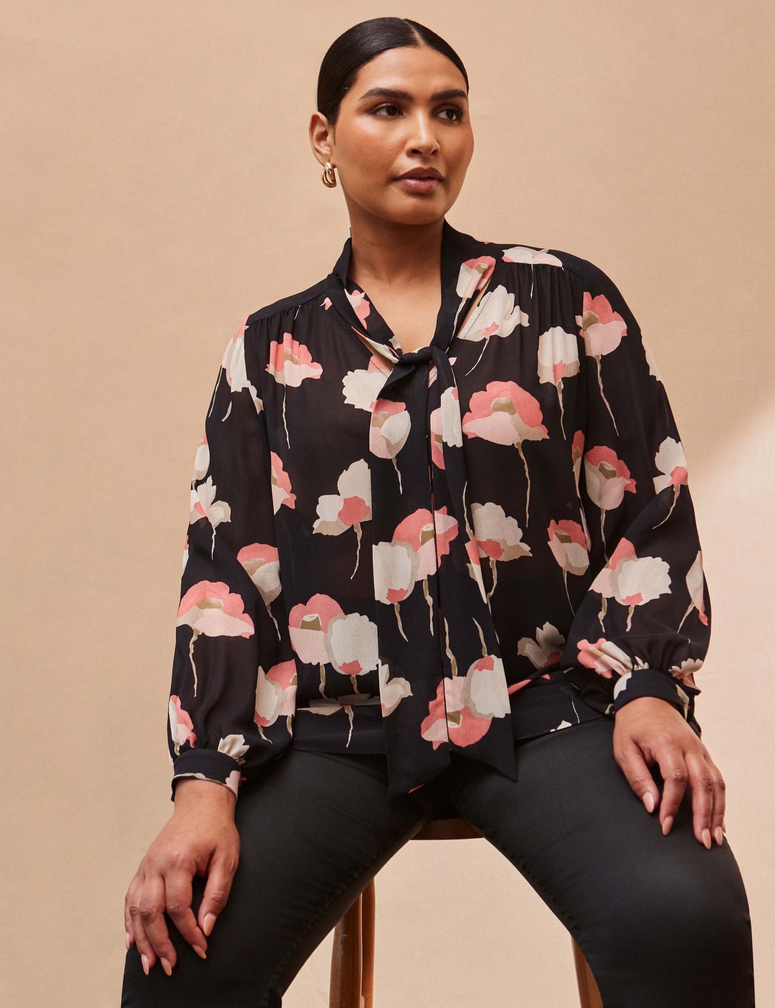 Floral Tie Neck Blouson Sleeve Blouse 2 of 6