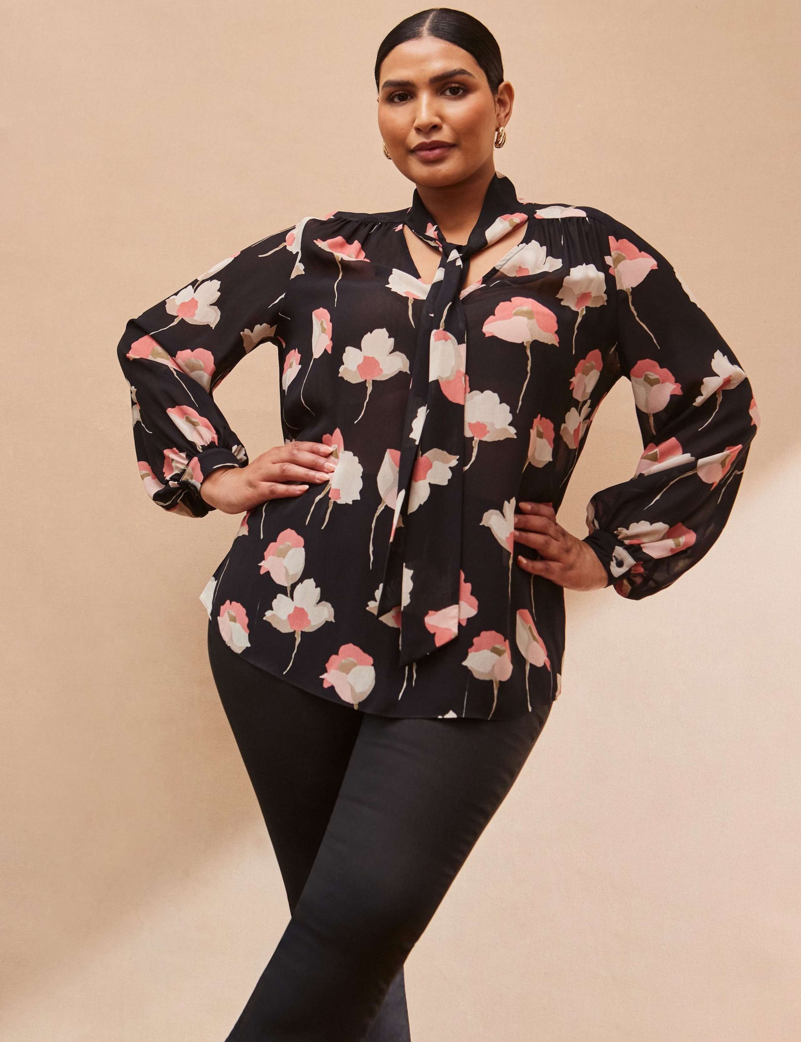 Floral Tie Neck Blouson Sleeve Blouse 3 of 4