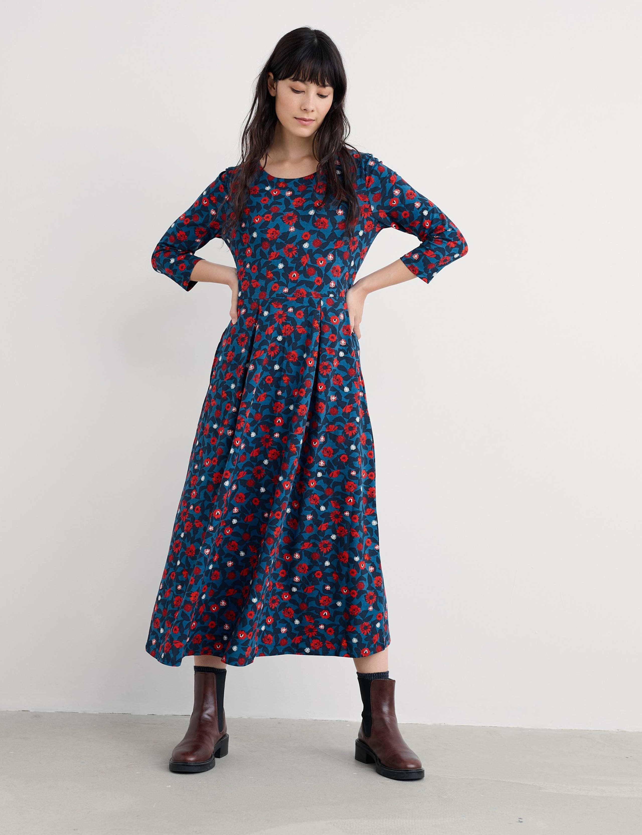Cotton Rich Floral Midi Smock Dress 1 of 5