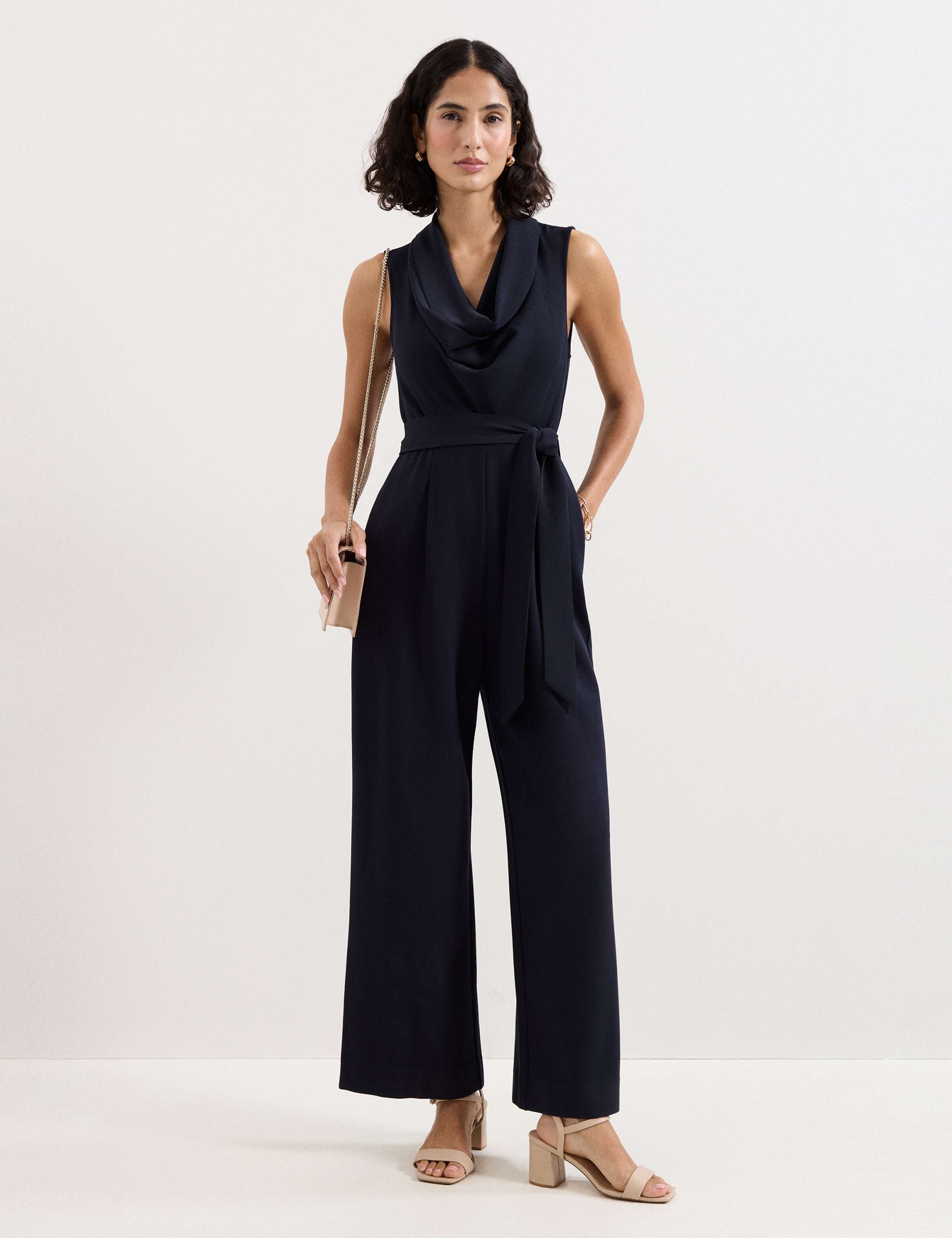 Cowl Neck Belted Sleeveless Jumpsuit 1 of 7