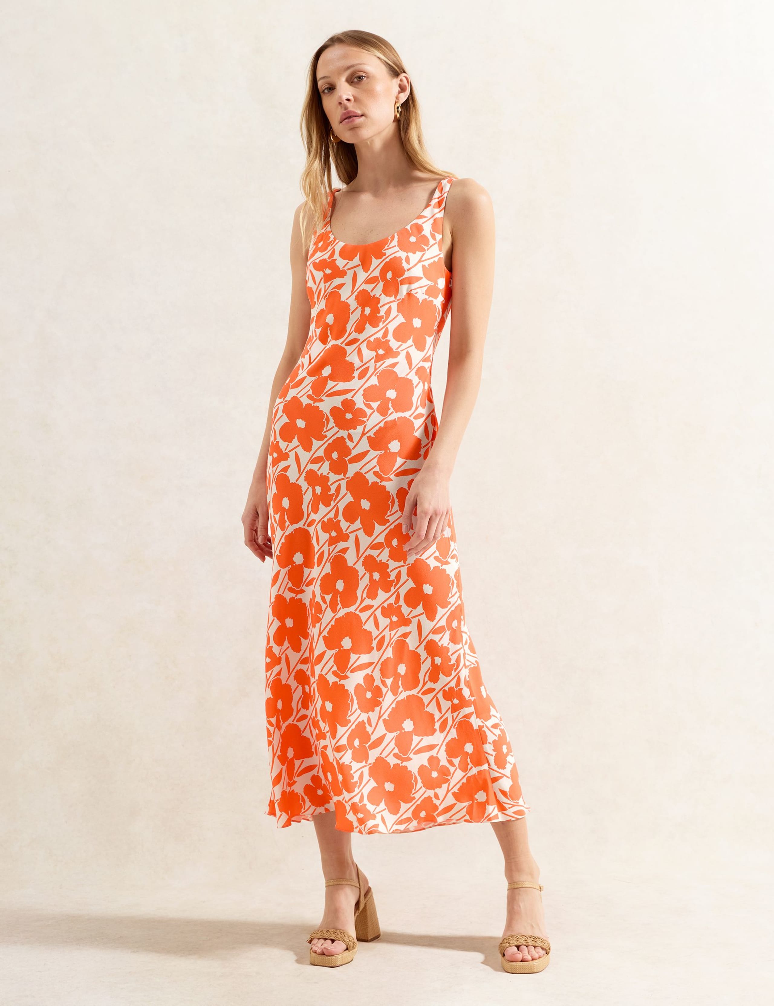 Orange Poppy-Print Scoop-Neck Midi Dress 2 of 6