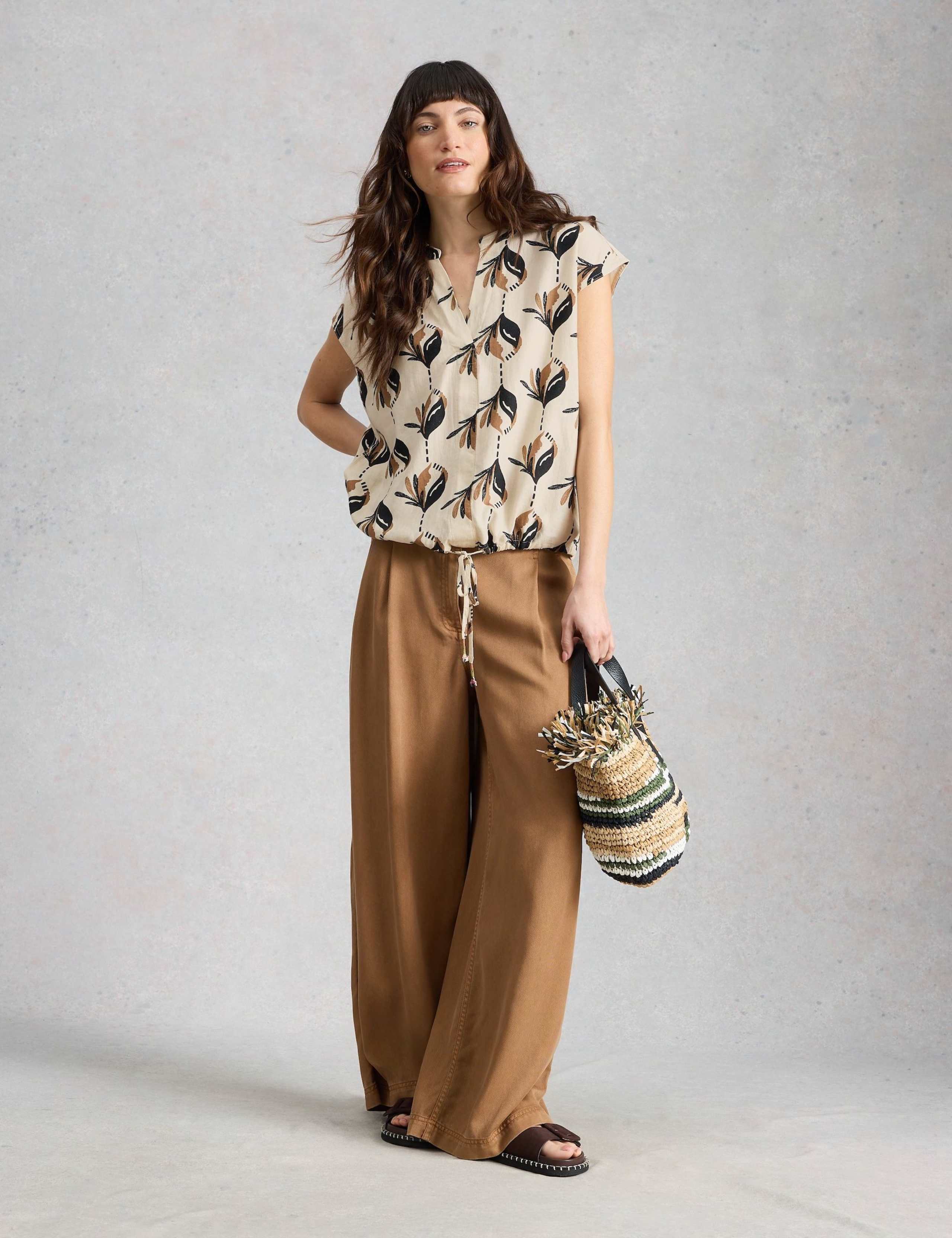 Linen Rich Printed Notch Neck Tie Detail Top 1 of 5