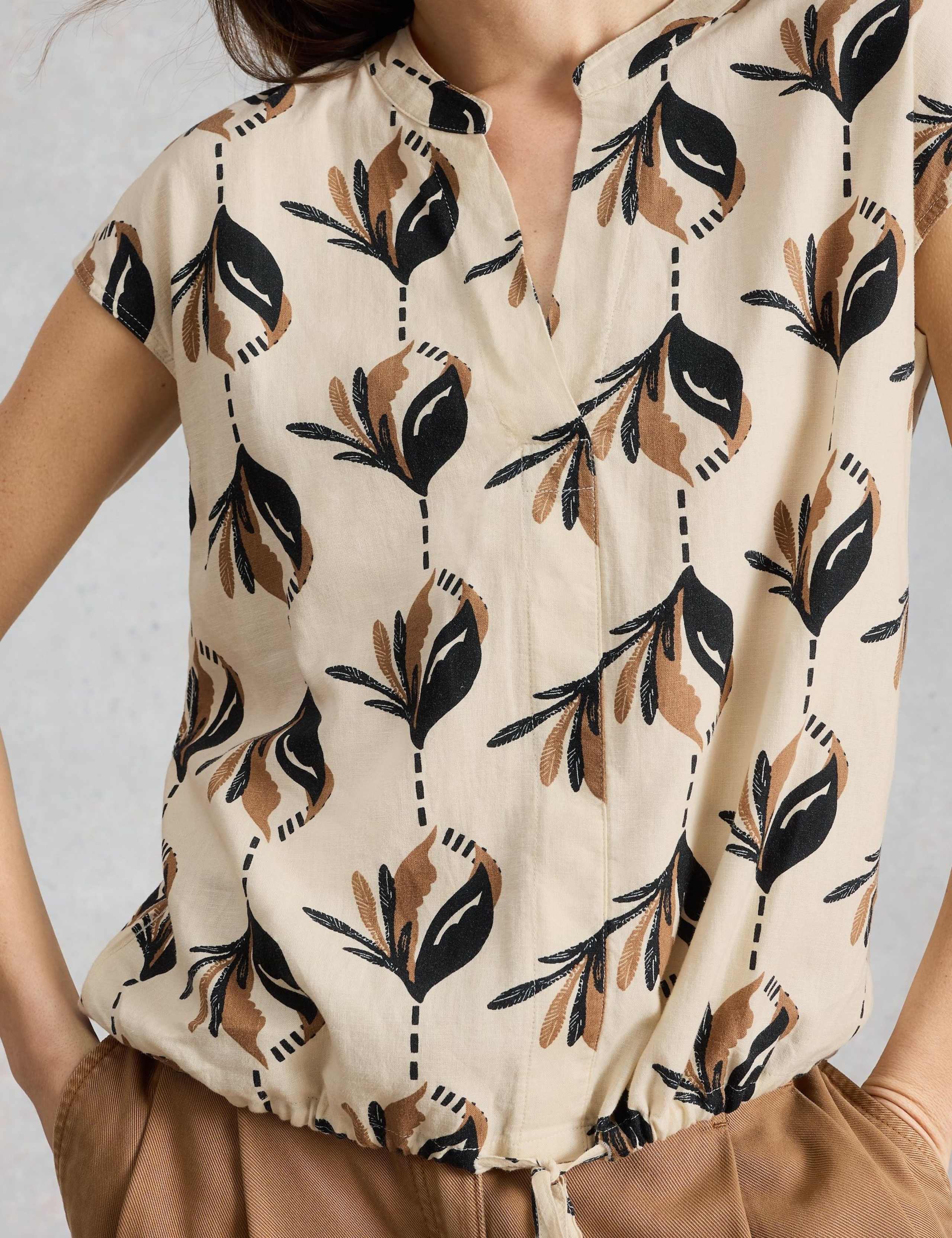 Linen Rich Printed Notch Neck Tie Detail Top 3 of 5