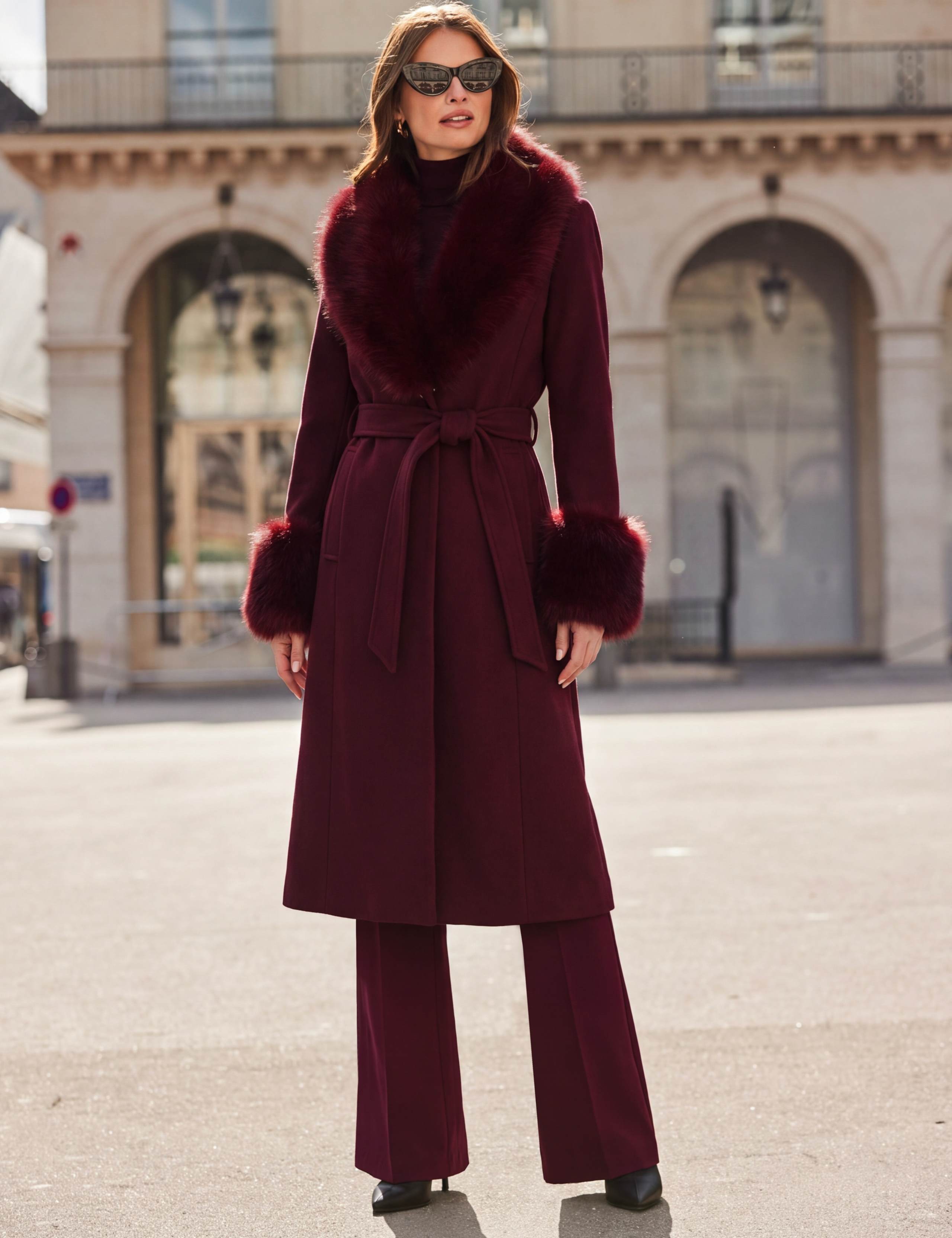 Belted 2 In 1 Faux Fur Trim Longline Coat 1 of 6