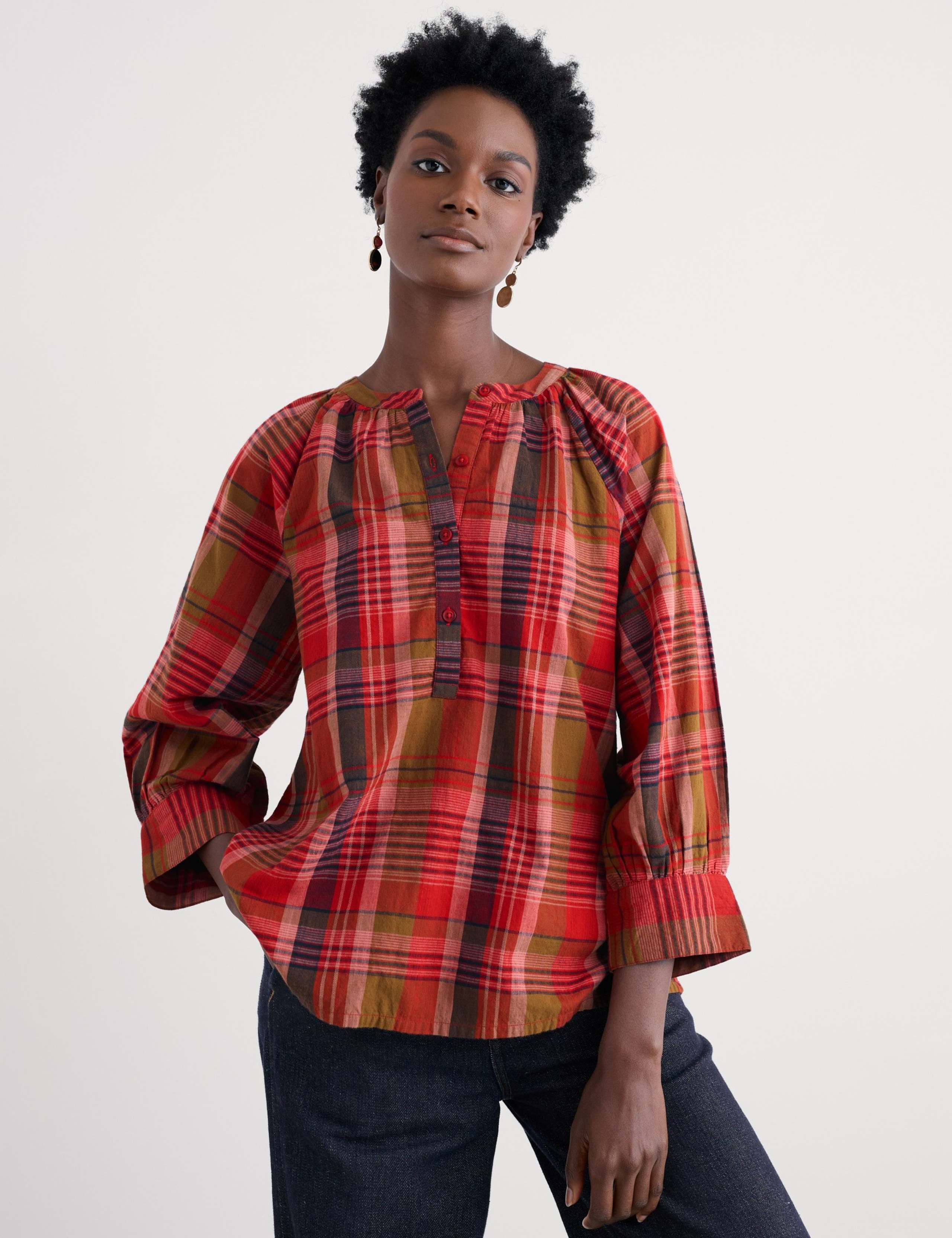 Pure Cotton Collarless Checked Shirt 3 of 5