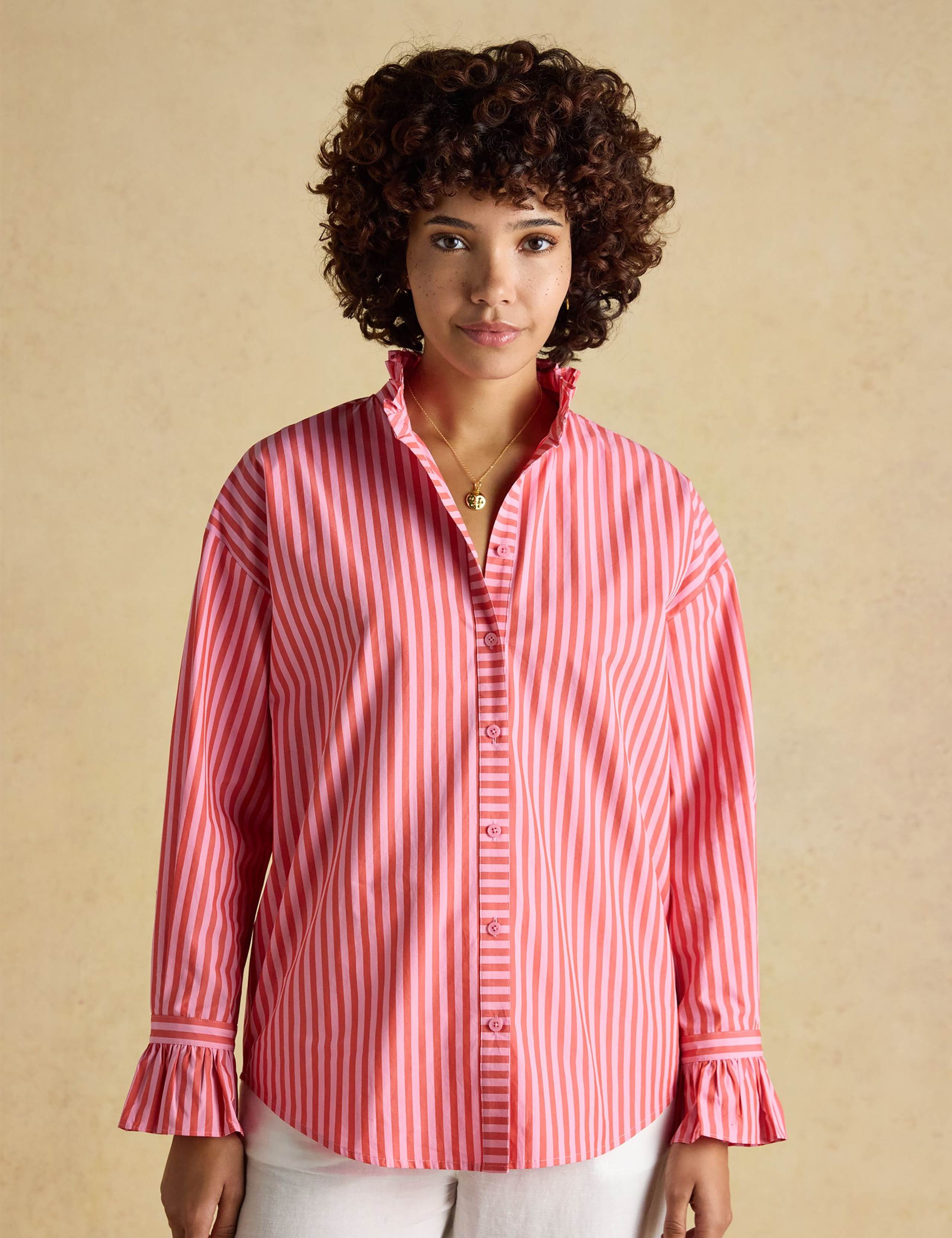 Pure Cotton Striped Frill Neck Shirt 1 of 7