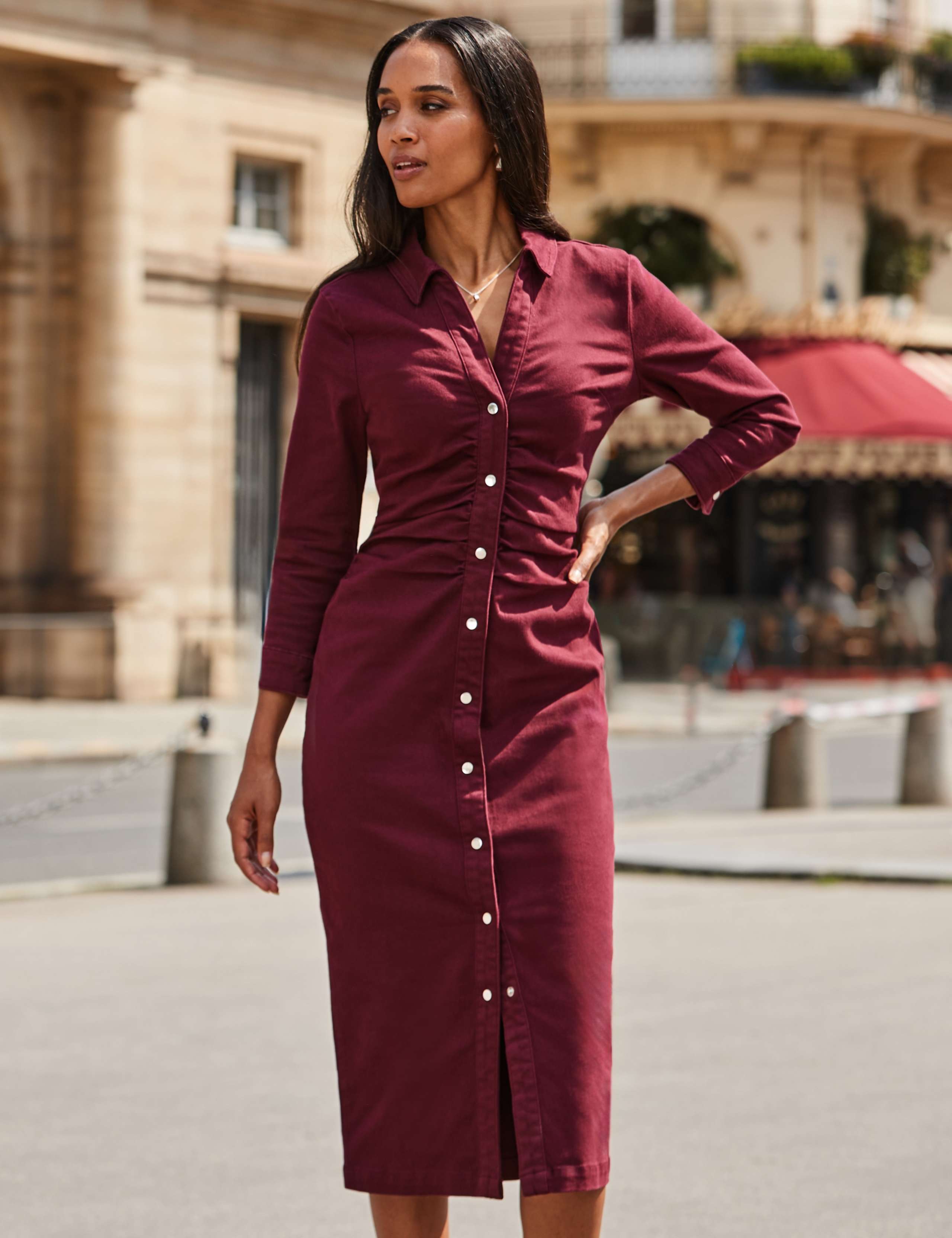 Denim Ruched Waist Midi Dress 2 of 6