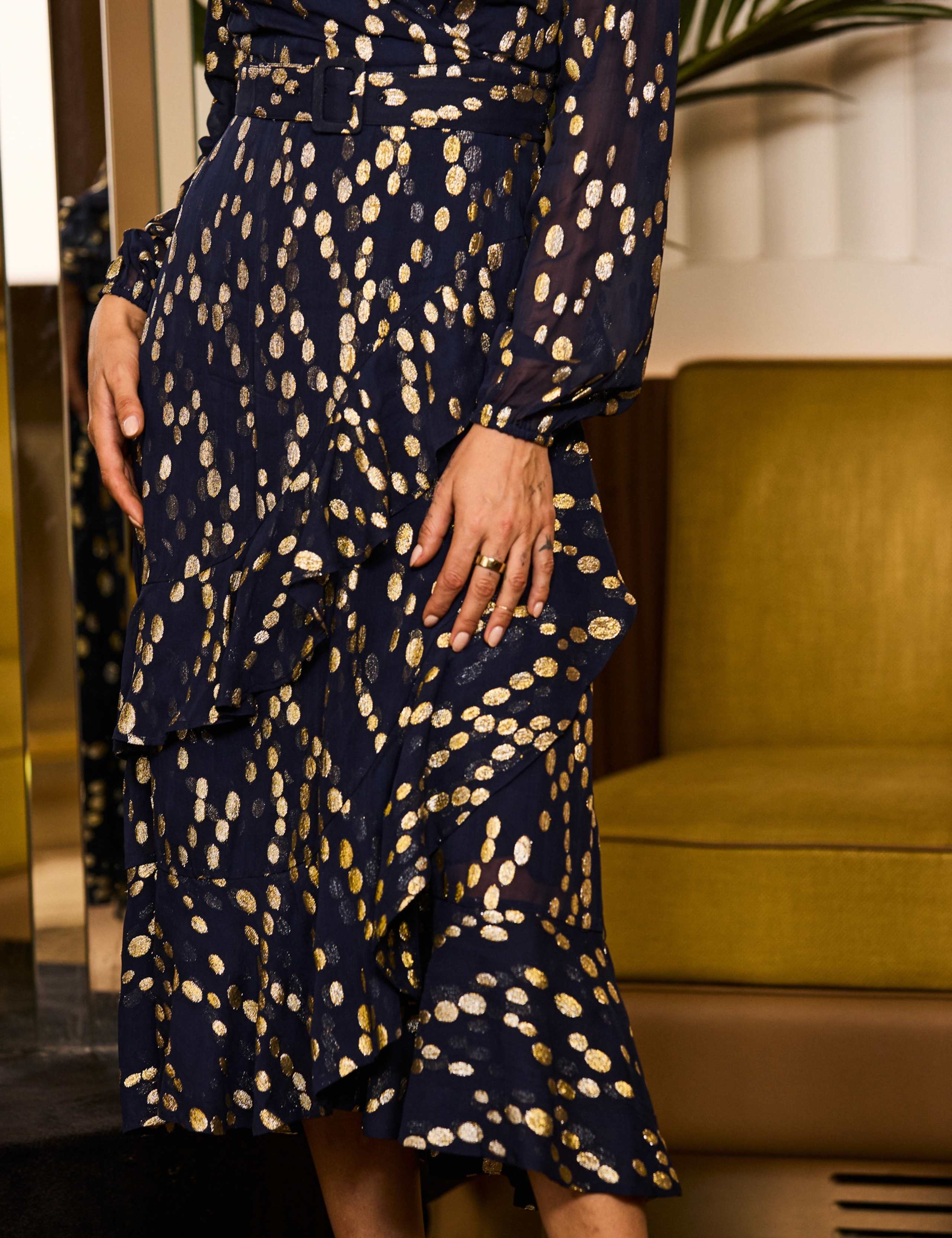 Polka Dot V-Neck Belted Midaxi Dress 3 of 5