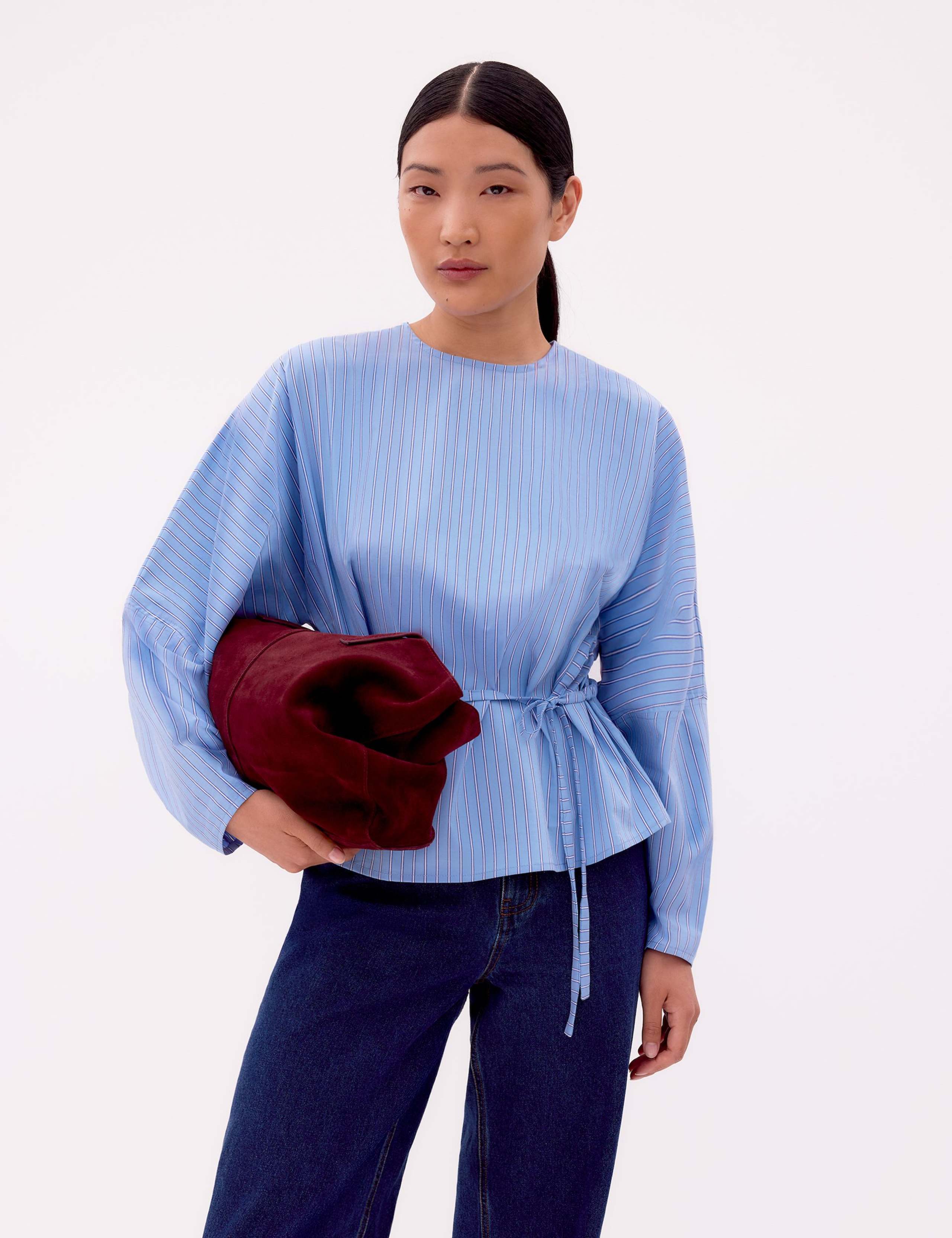 Blue Stripe Tie Waist Blouse 2 of 4