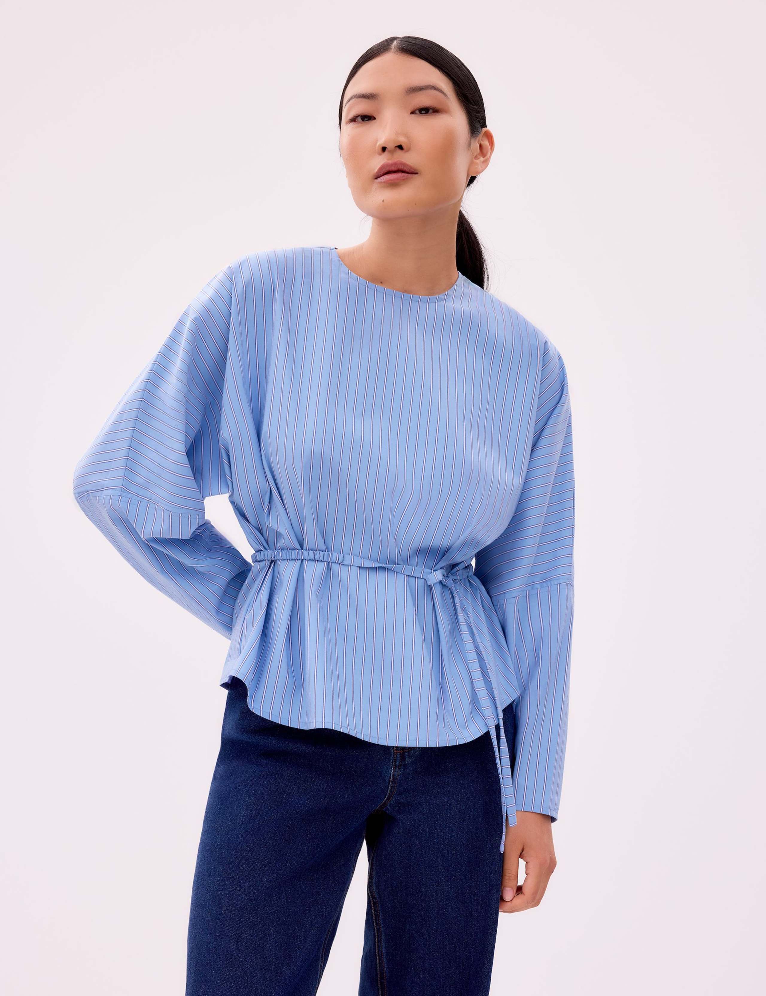 Blue Stripe Tie Waist Blouse 3 of 4