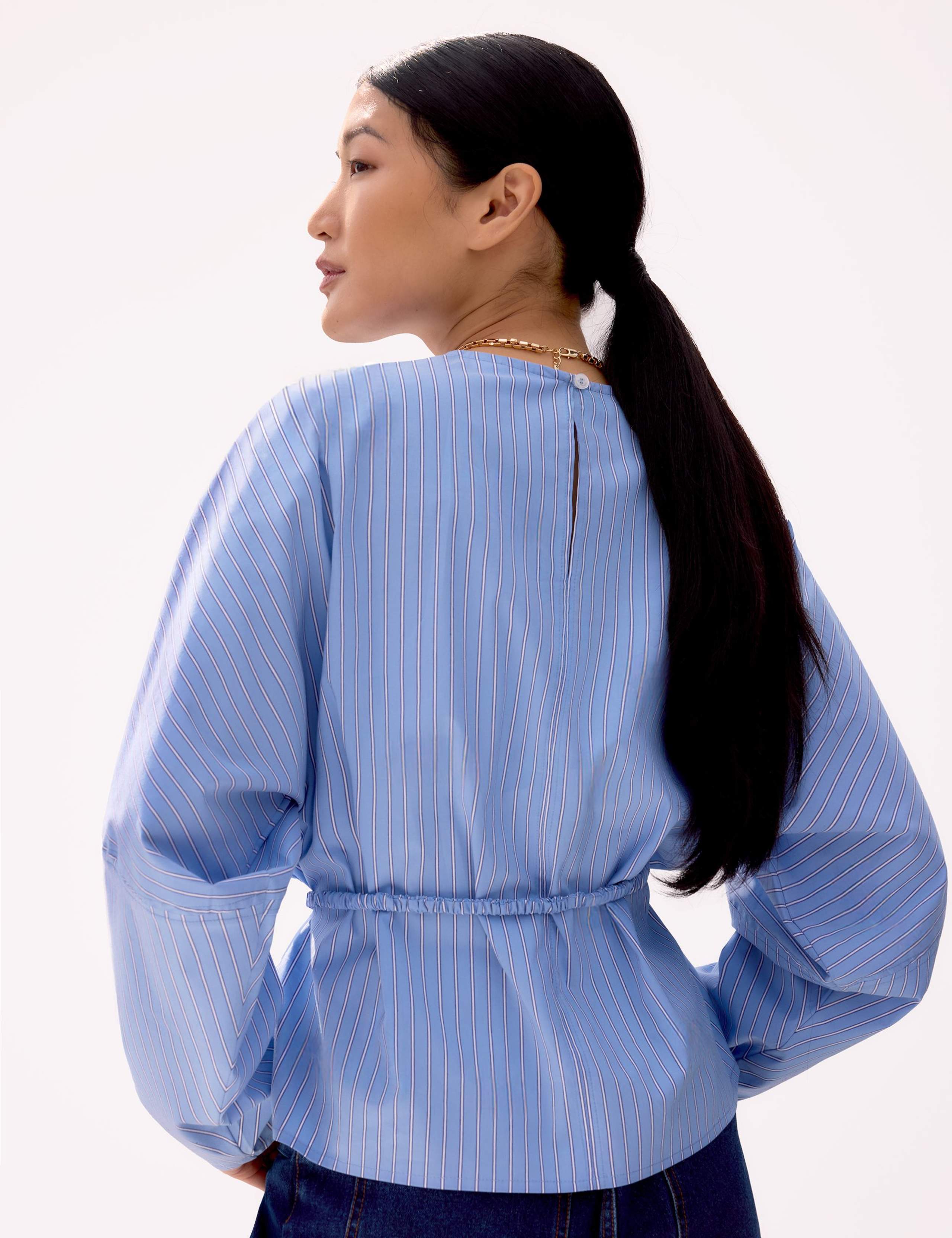 Blue Stripe Tie Waist Blouse 4 of 4