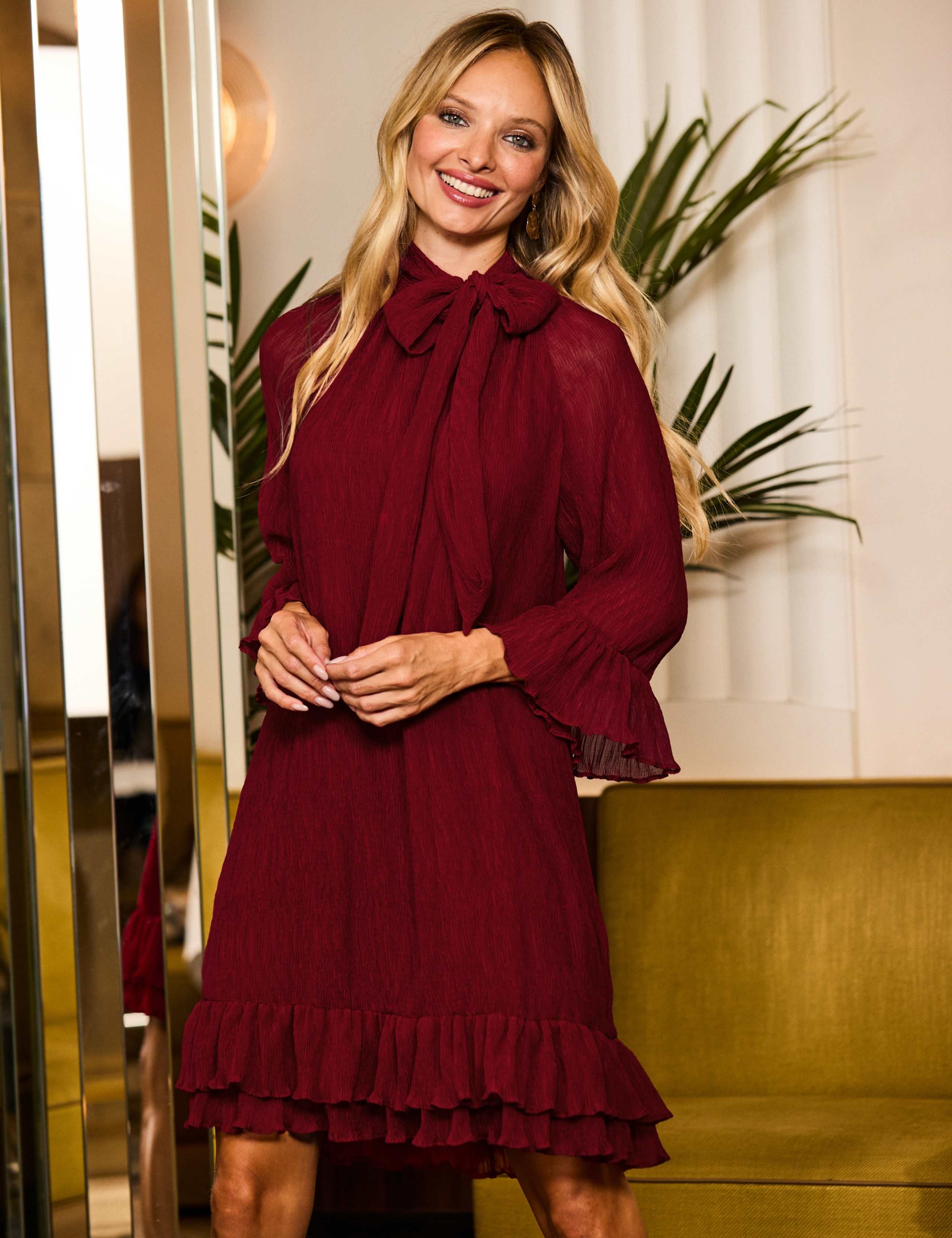 Plisse Tie Neck Blouson Sleeve Midi Shift Dress 3 of 7