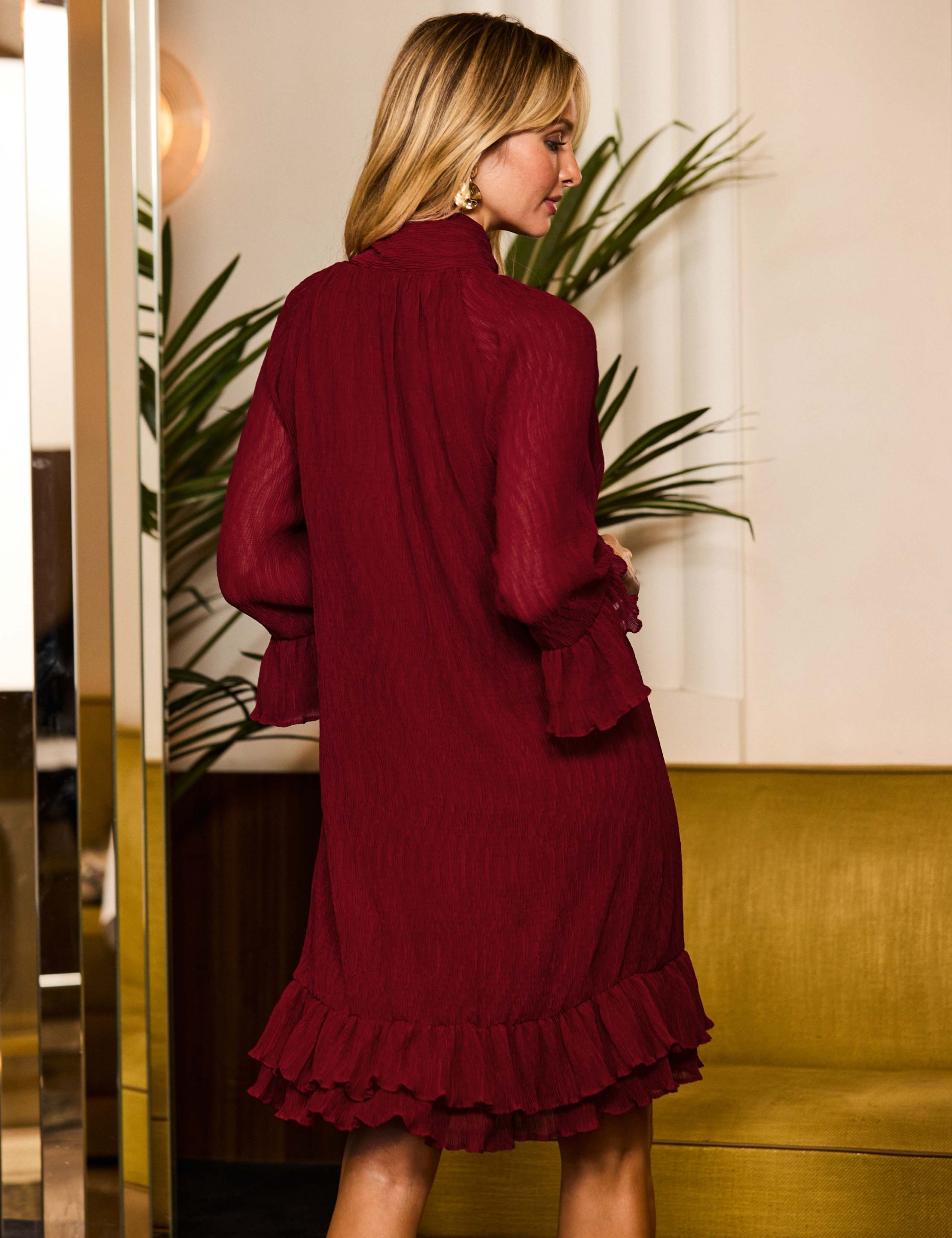 Plisse Tie Neck Blouson Sleeve Midi Shift Dress 5 of 7