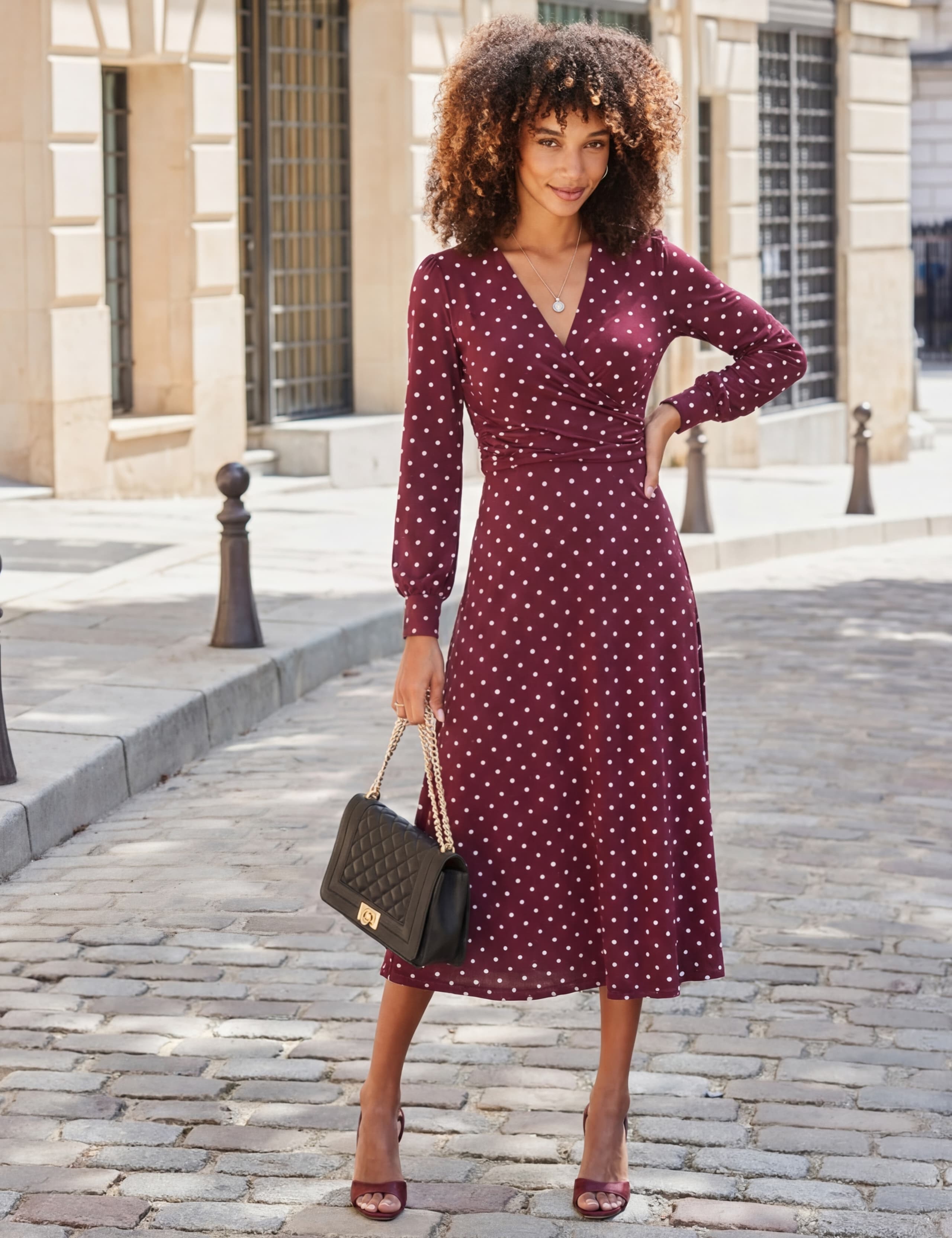 Polka Dot V Neck Twist Front Midi Dress 1 of 5