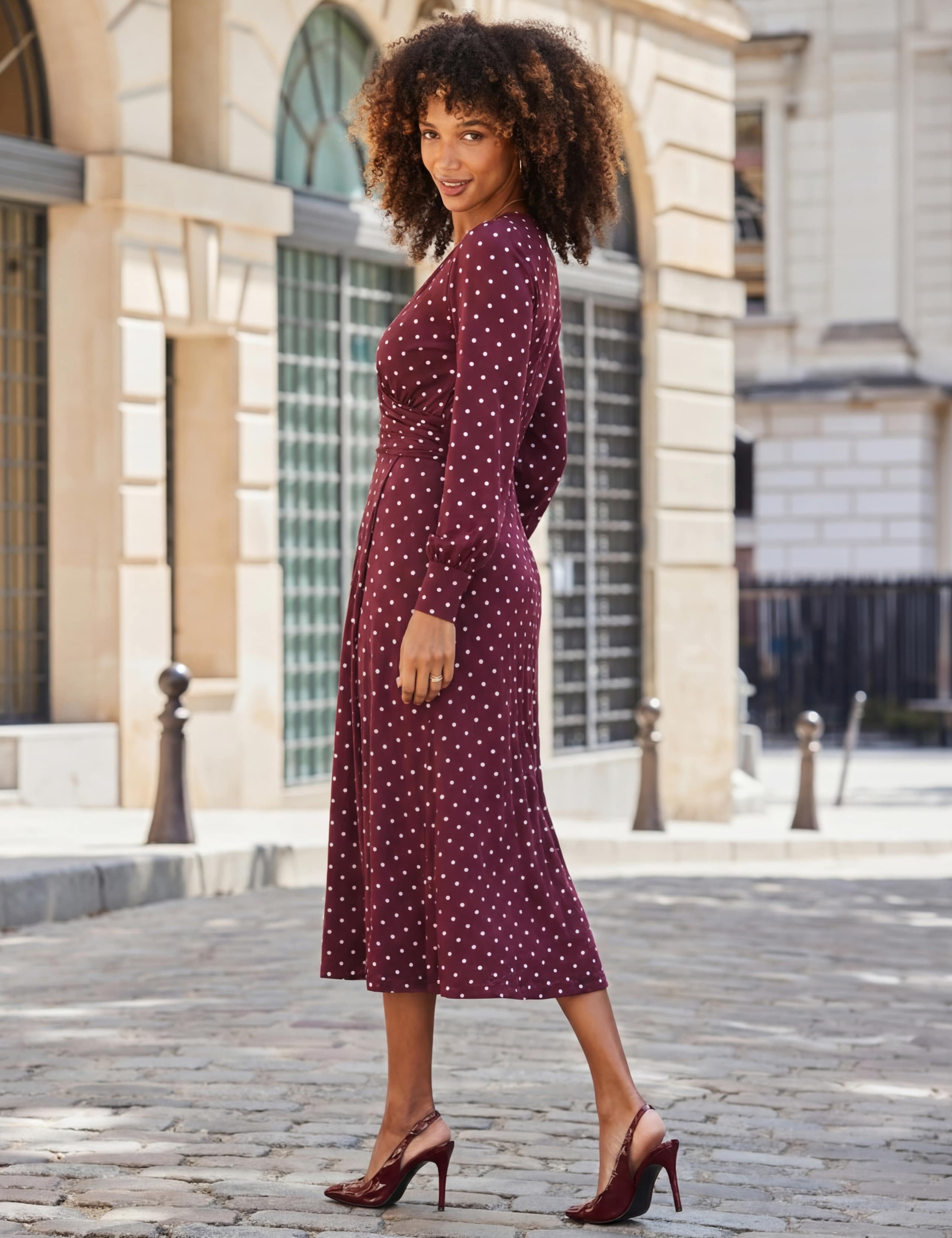 Polka Dot V Neck Twist Front Midi Dress 2 of 5