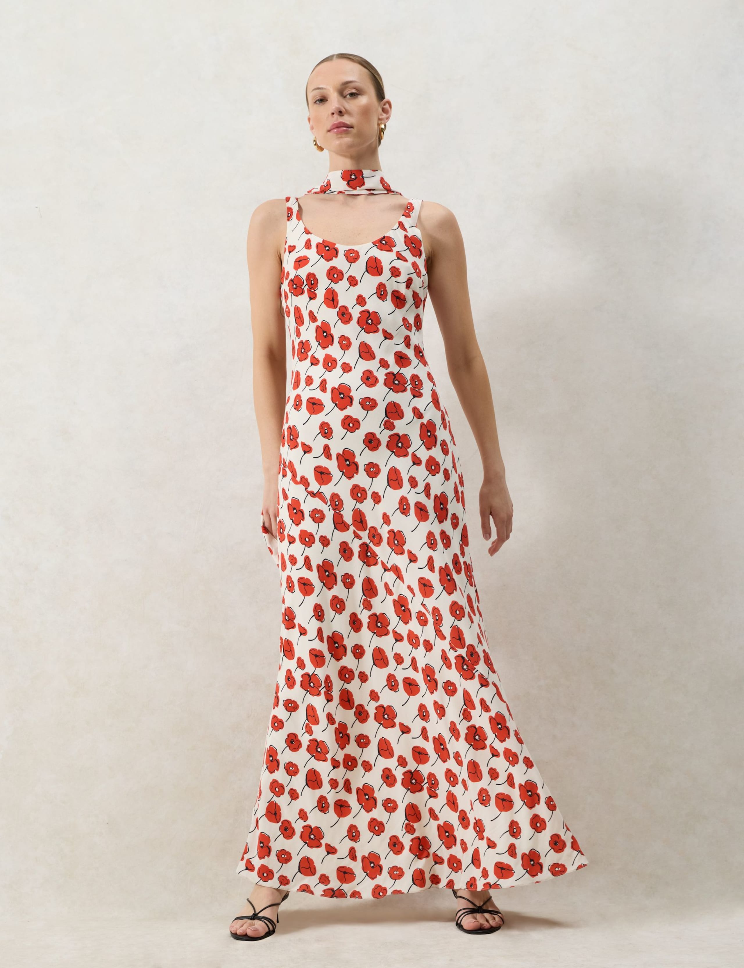 Ella Red Poppy-Print Scarf Detail Maxi Dress 3 of 7
