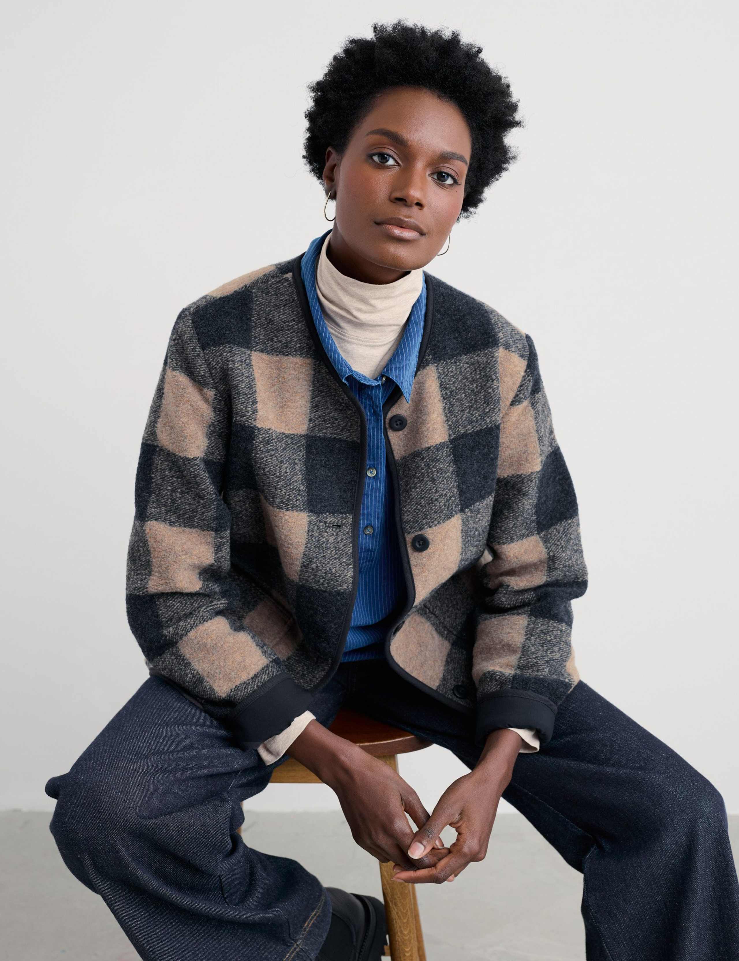 Relaxed Checked Collarless Jacket with Wool 3 of 5