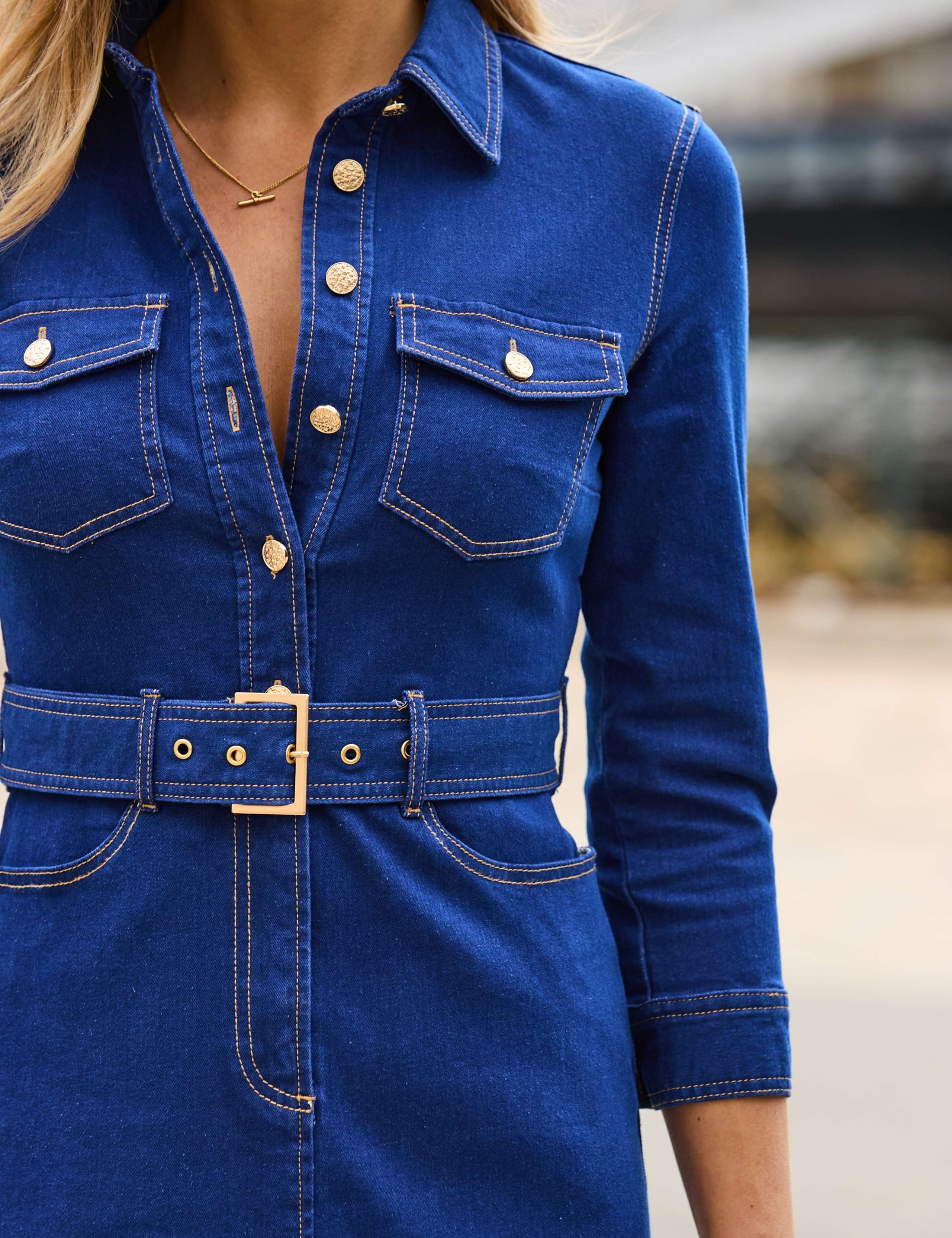 Denim Belted Midi Dress 2 of 7