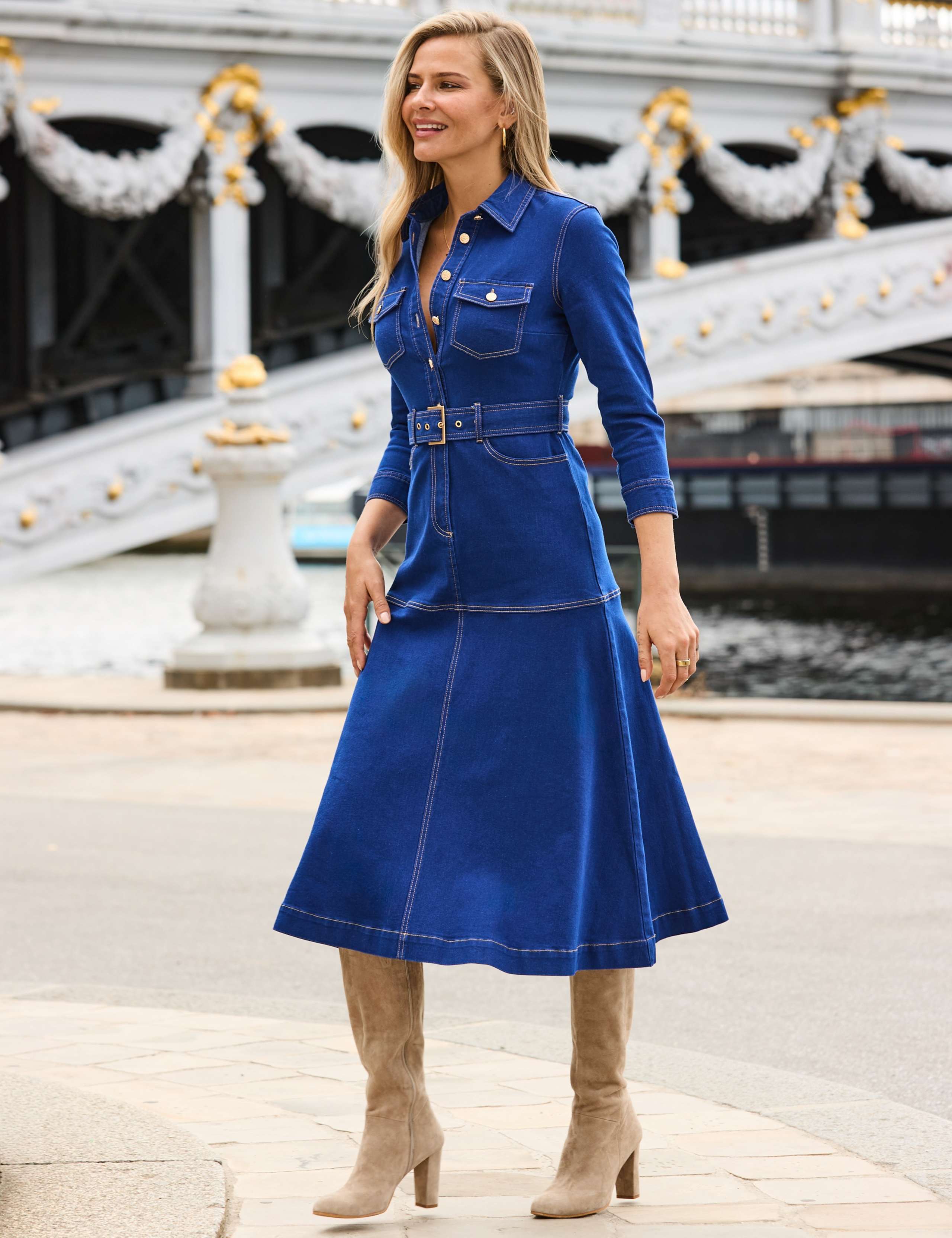 Denim Belted Midi Dress 3 of 7