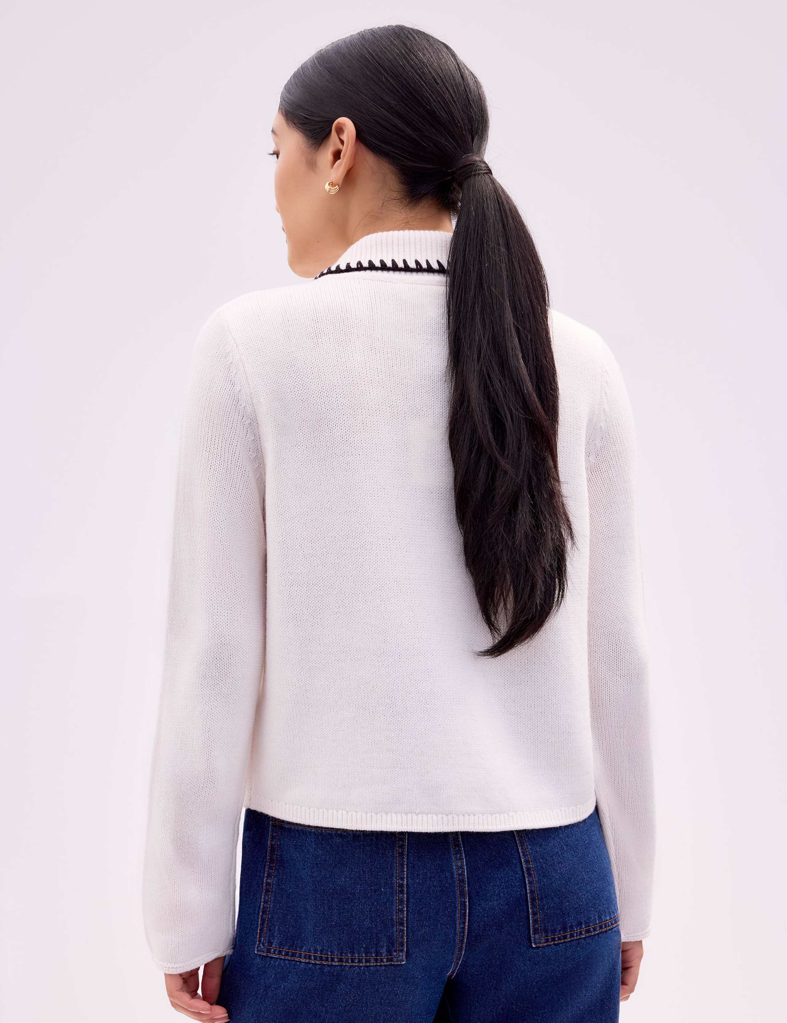 Ivory Contrast-Stitch Collared Cardigan with Wool 3 of 4