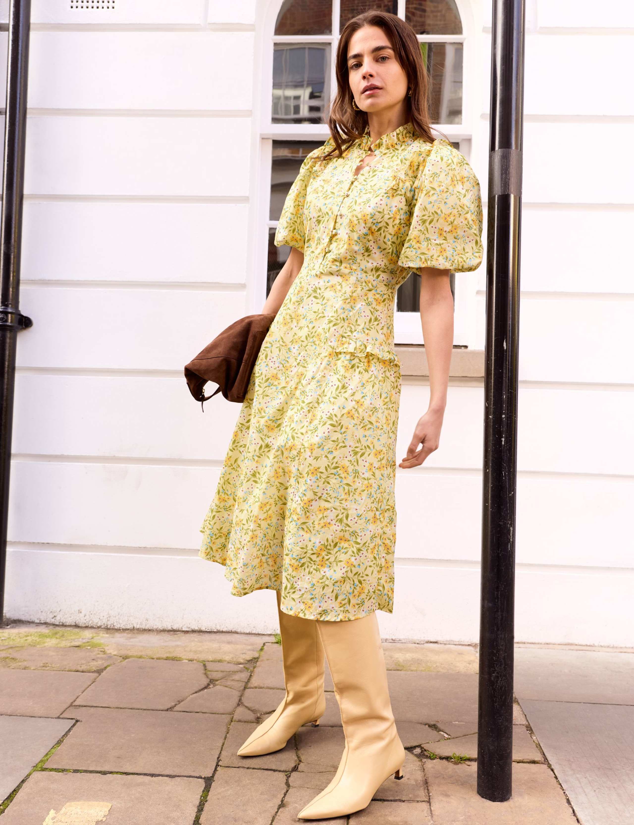Pure Cotton Floral Puff Sleeve Midi Dress 3 of 6