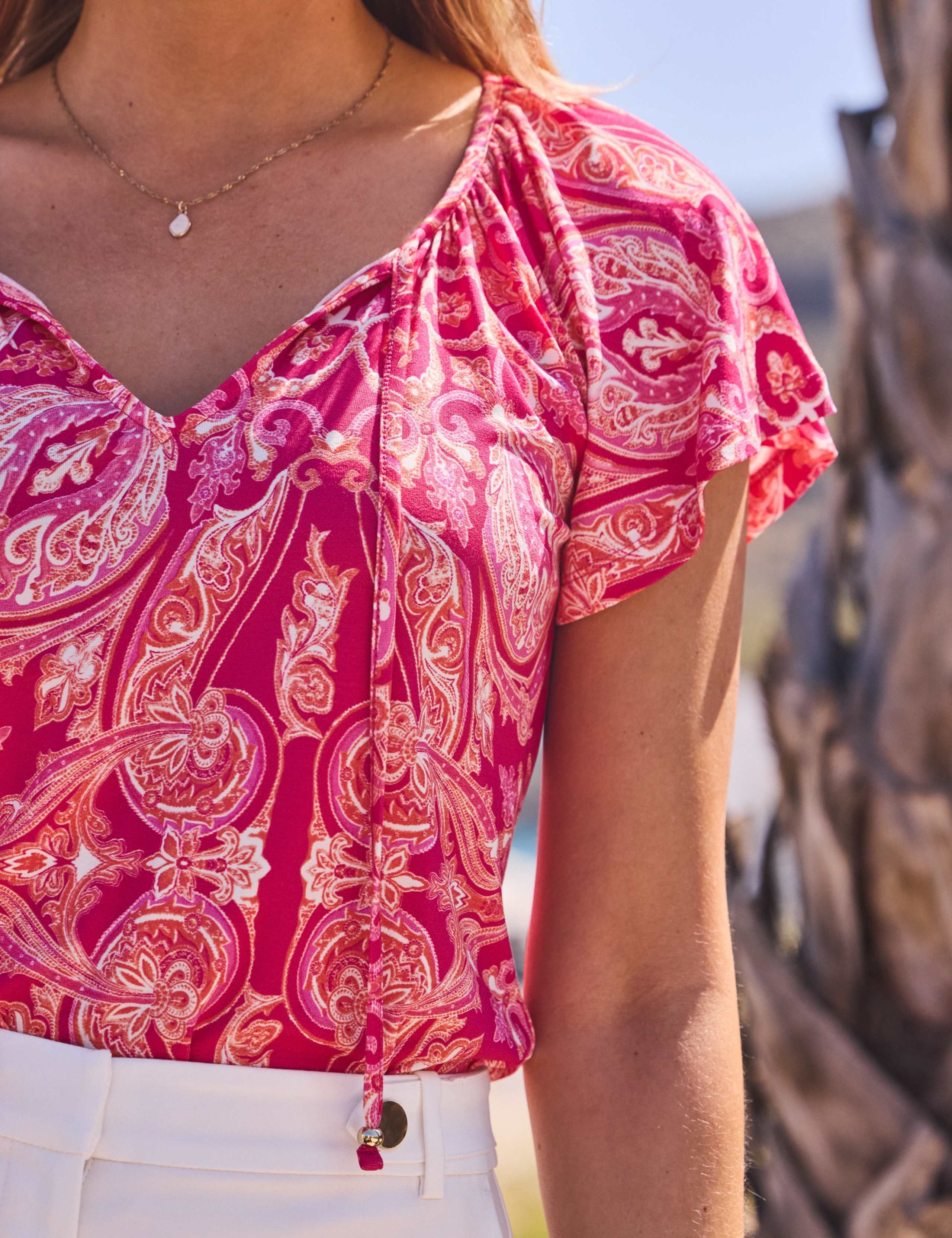 Paisley Print Ruffle Sleeve Tie Neck Top 3 of 4