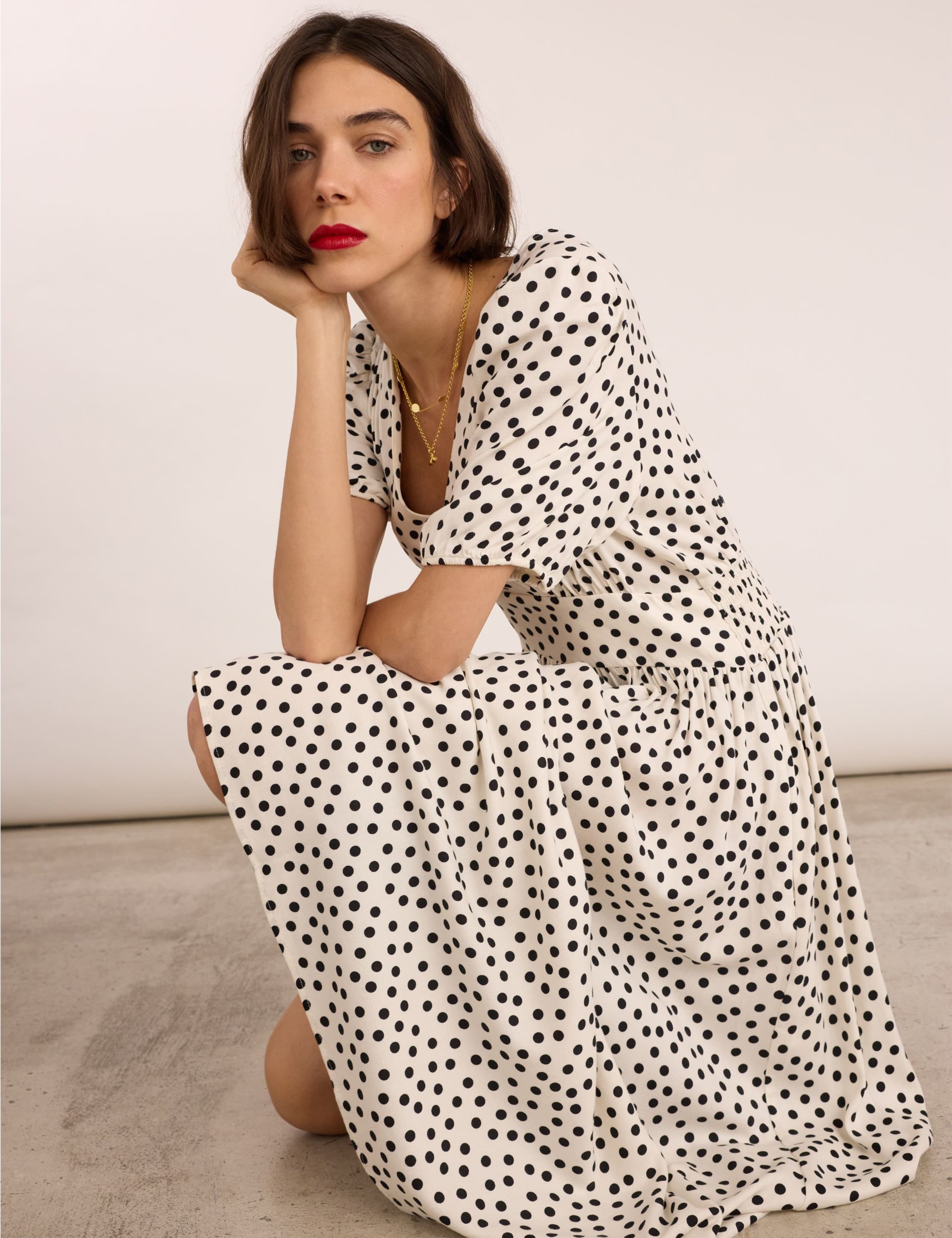 Polka Dot V-Neck Midi Waisted Dress 1 of 5