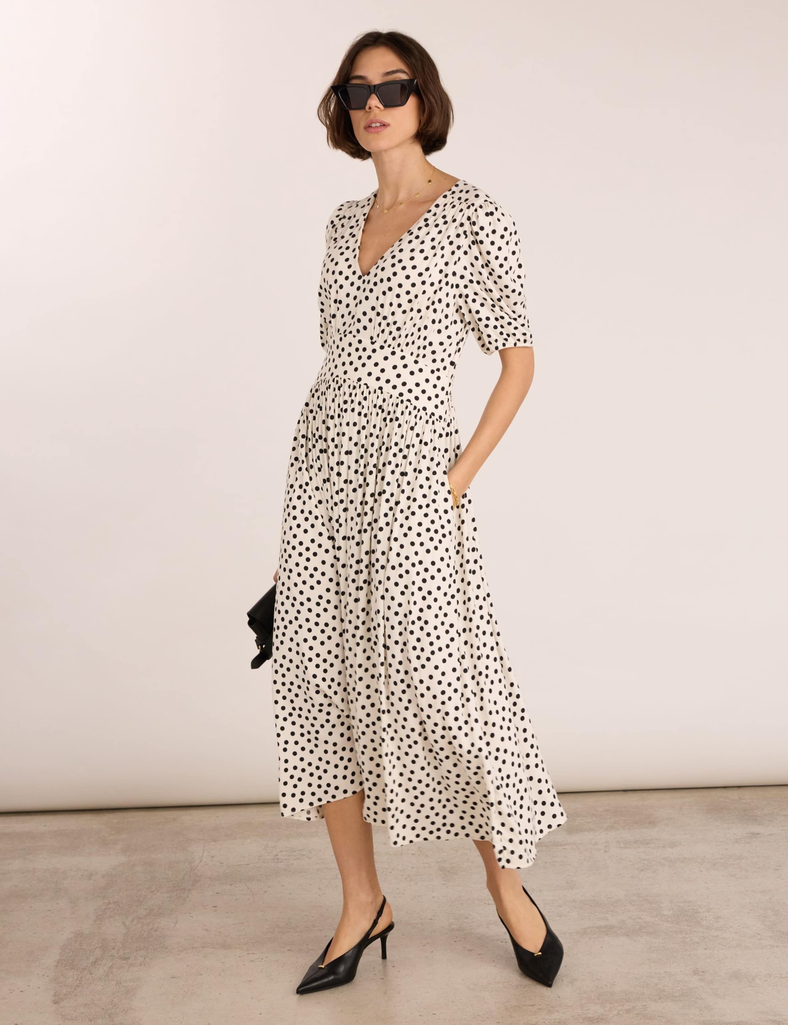 Polka Dot V-Neck Midi Waisted Dress 3 of 5