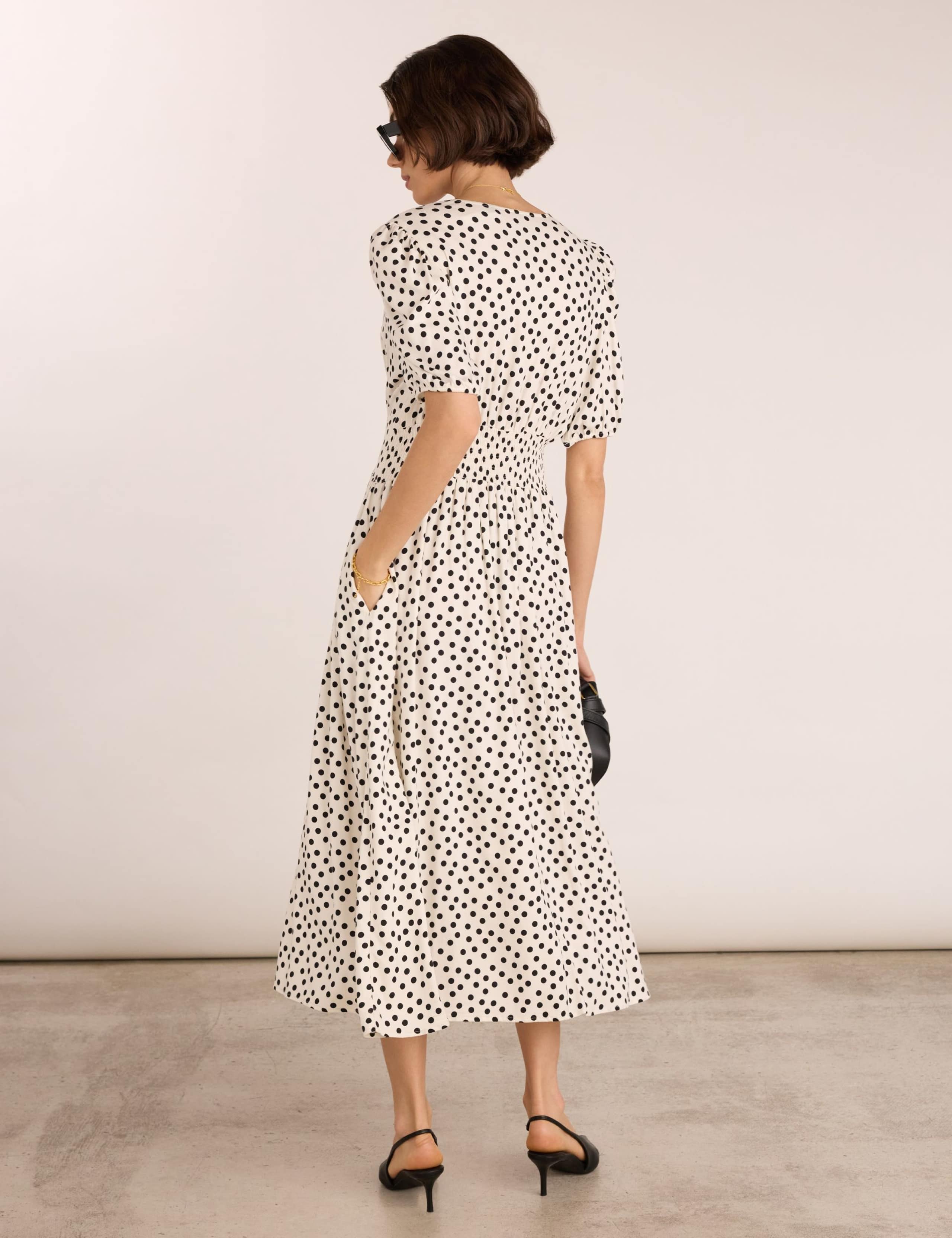 Polka Dot V-Neck Midi Waisted Dress 4 of 5